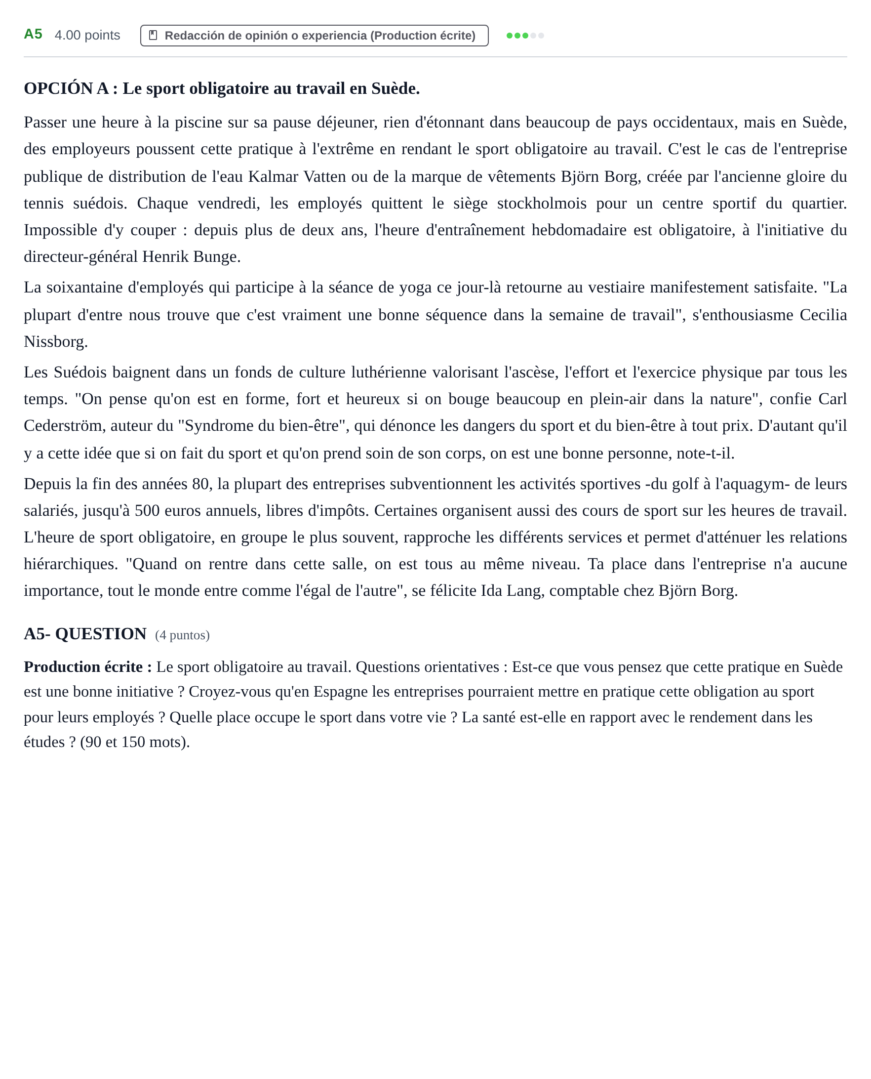 Enunciado: Ejercicio A5 · Francés PAU Castilla y León Extraordinaria (Fase Mejora de Nota) 2021