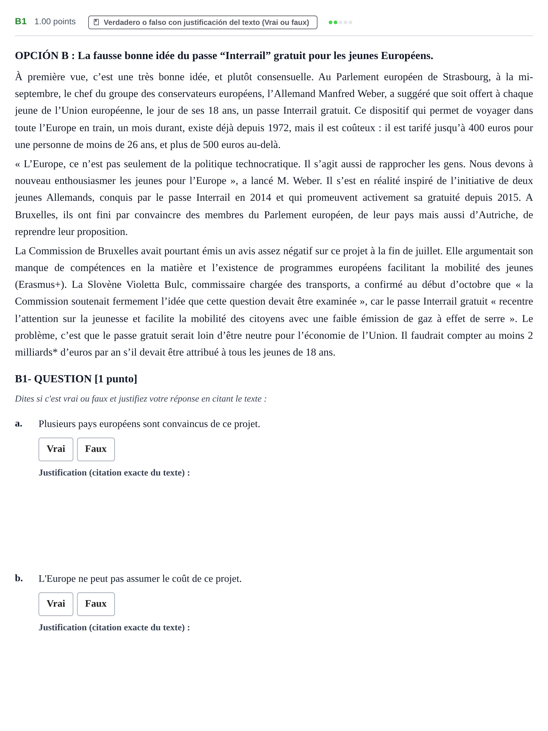 Enunciado: Ejercicio B1 · Francés PAU Castilla y León Extraordinaria (Fase Mejora de Nota) 2021