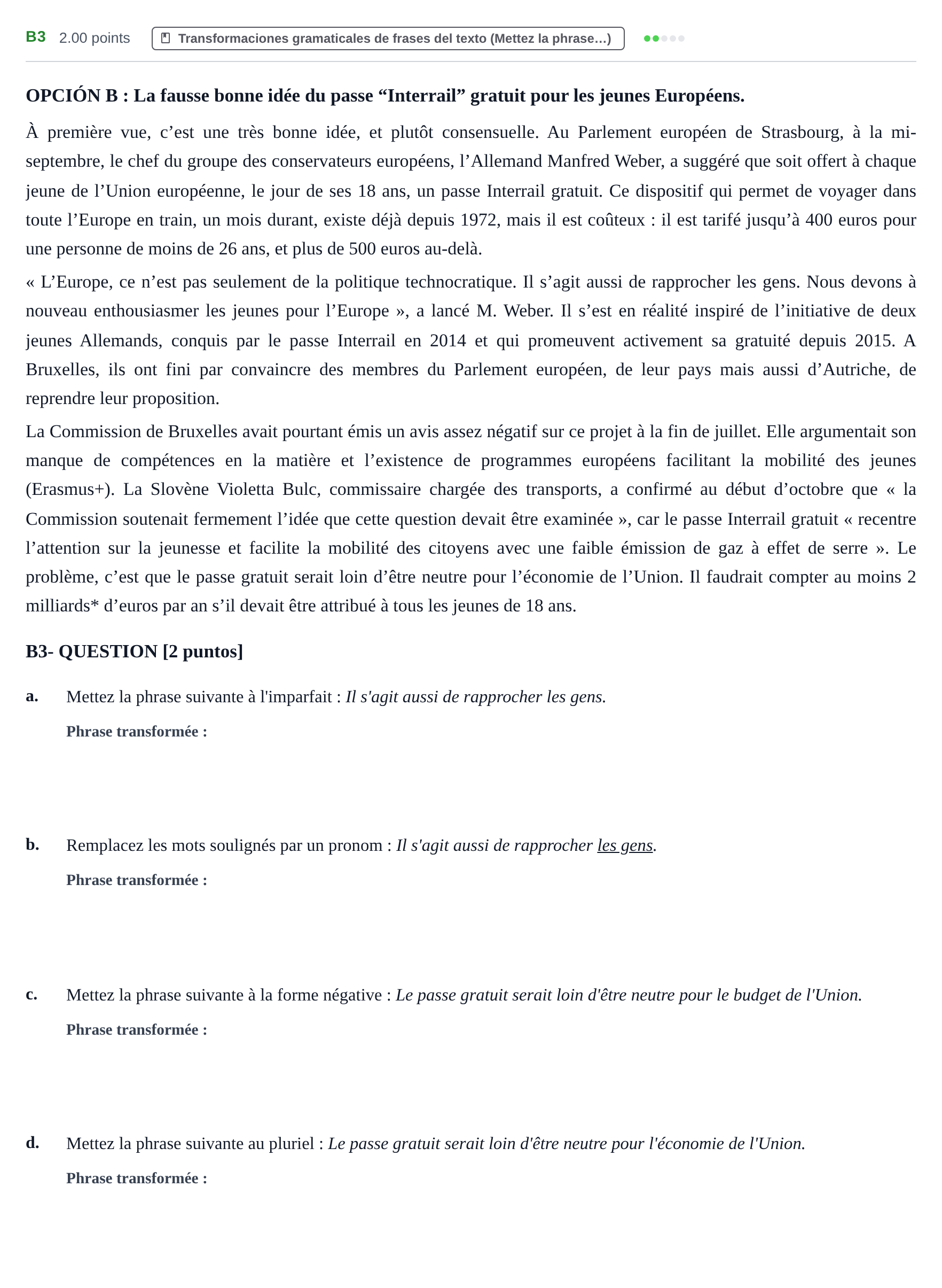 Enunciado: Ejercicio B3 · Francés PAU Castilla y León Extraordinaria (Fase Mejora de Nota) 2021