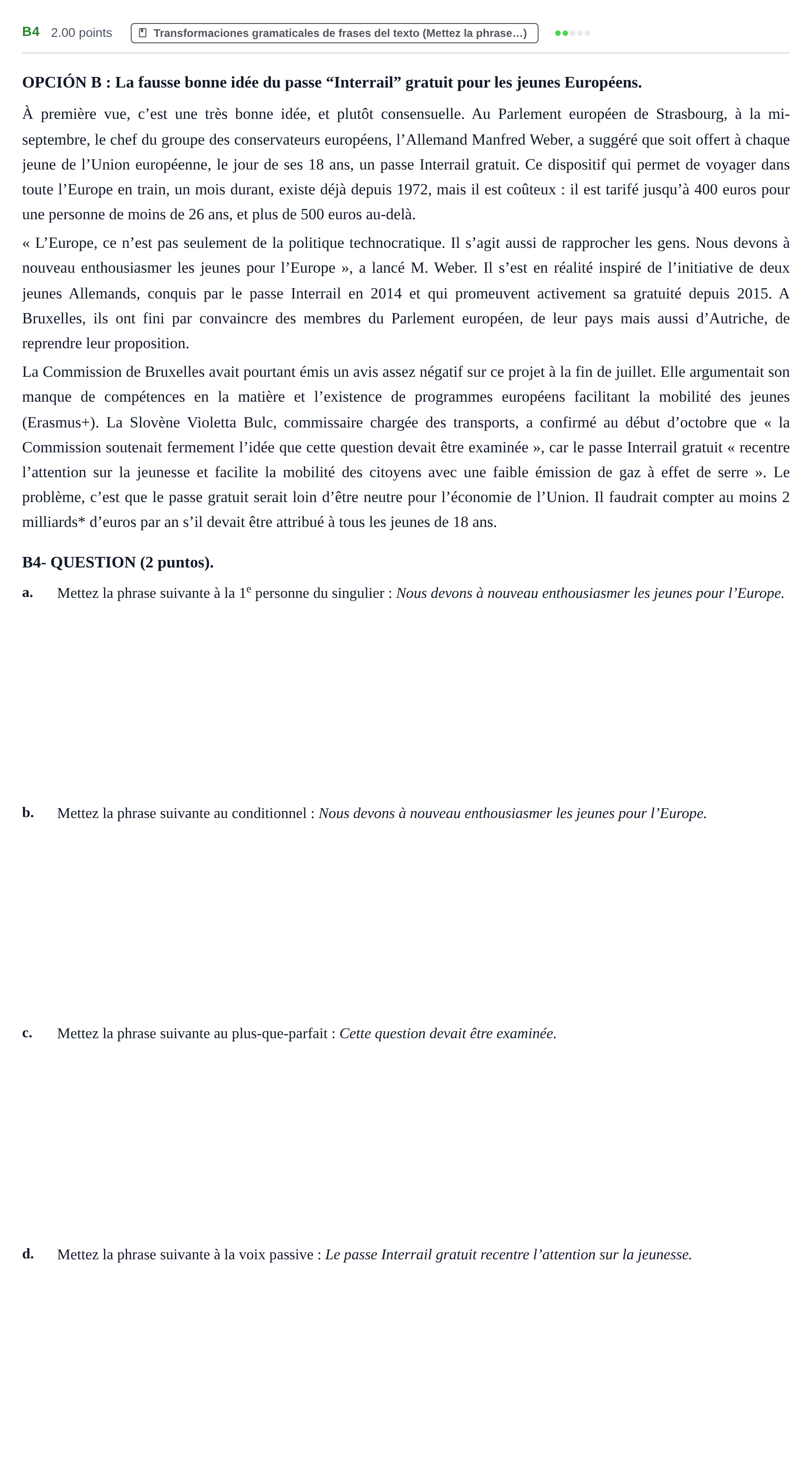Enunciado: Ejercicio B4 · Francés PAU Castilla y León Extraordinaria (Fase Mejora de Nota) 2021