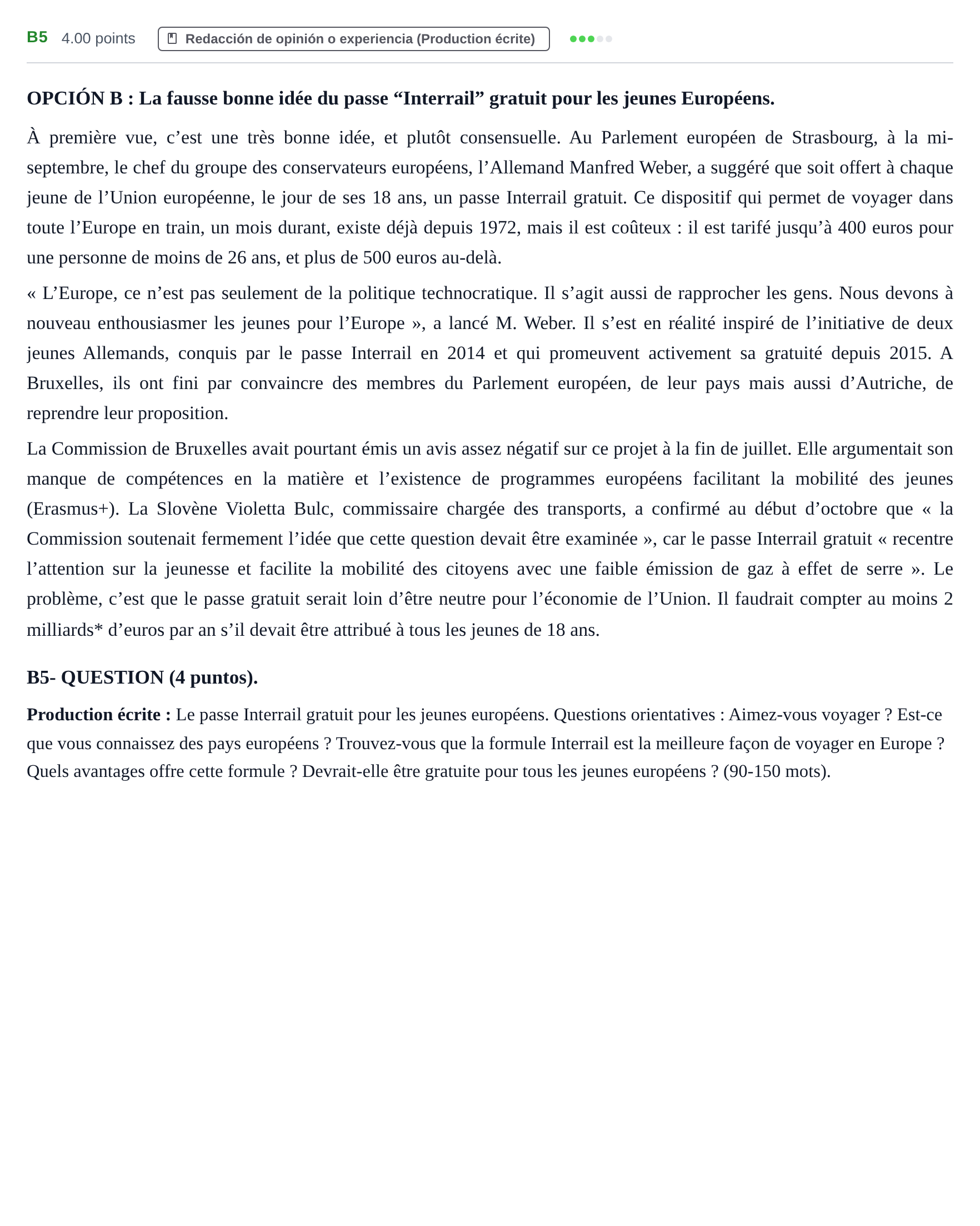 Enunciado: Ejercicio B5 · Francés PAU Castilla y León Extraordinaria (Fase Mejora de Nota) 2021
