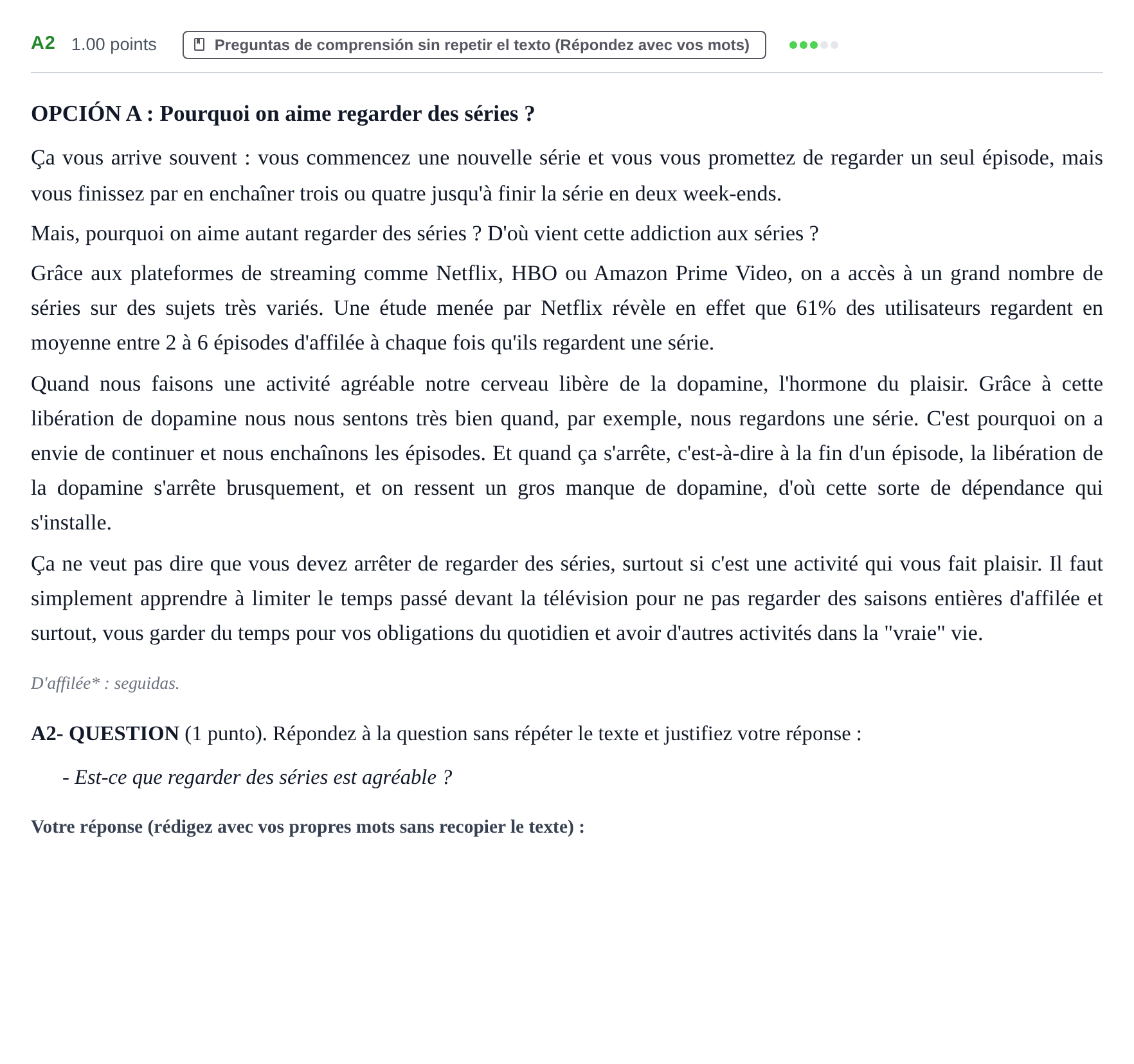 Enunciado: Ejercicio A2 · Francés PAU Castilla y León Ordinaria (Fase Mejora de Nota) 2021