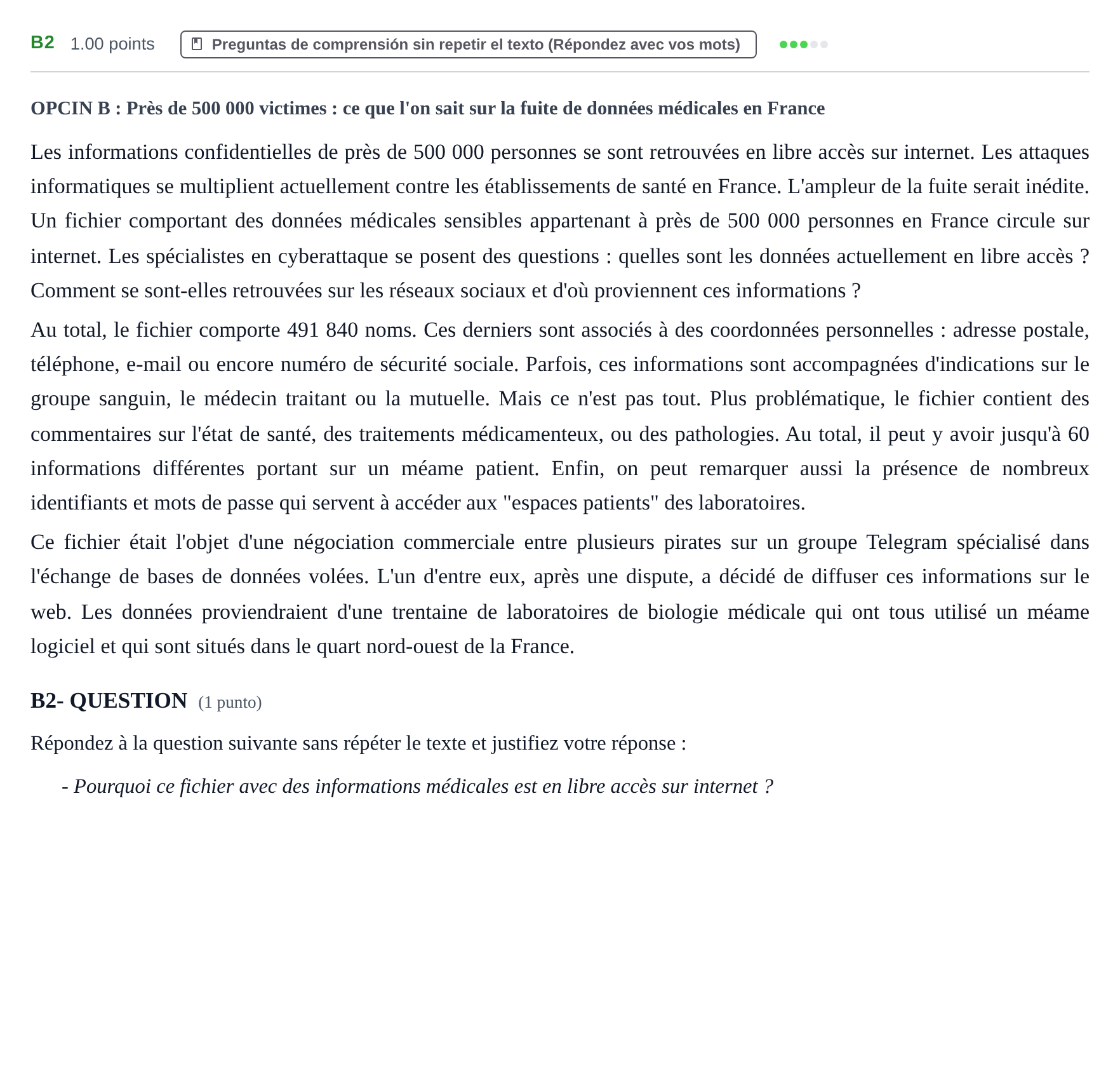 Enunciado: Ejercicio B2 · Francés PAU Castilla y León Ordinaria (Fase Mejora de Nota) 2021