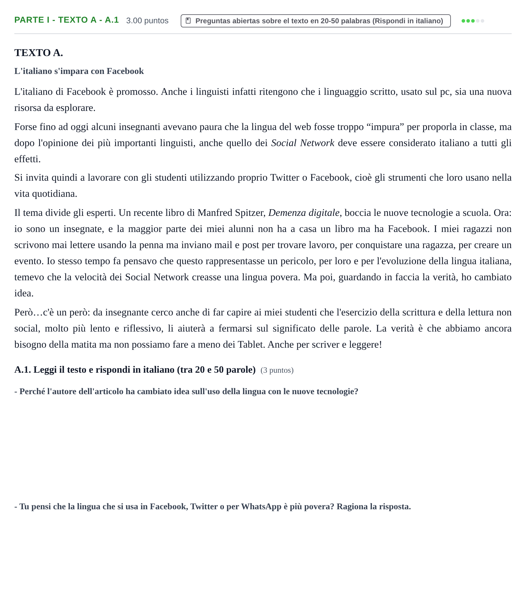 Enunciado: Ejercicio Parte I - Texto A - A.1 · Italiano PAU Castilla y León Extraordinaria 2021