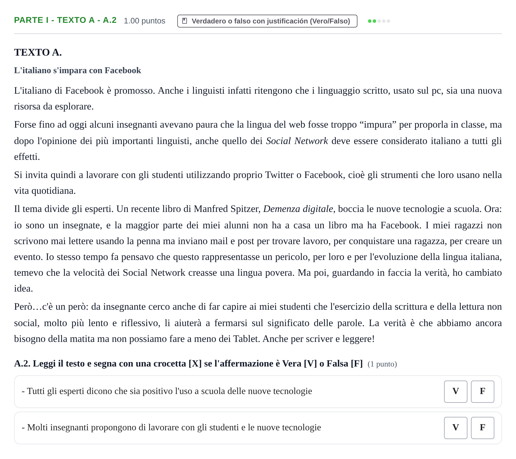 Enunciado: Ejercicio Parte I - Texto A - A.2 · Italiano PAU Castilla y León Extraordinaria 2021