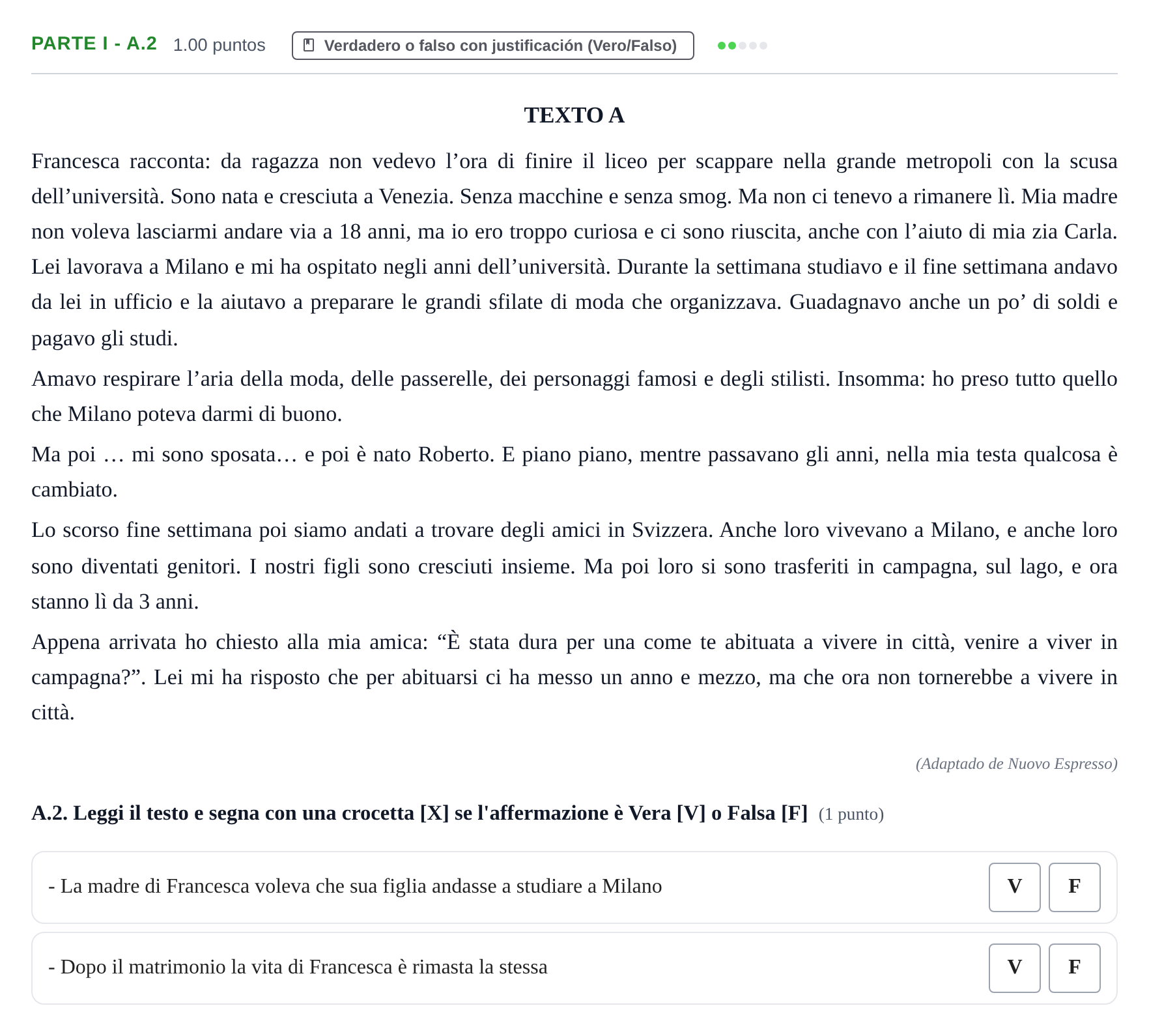Enunciado: Ejercicio Parte I - A.2 · Italiano PAU Castilla y León Extraordinaria (Fase Mejora de Nota) 2021