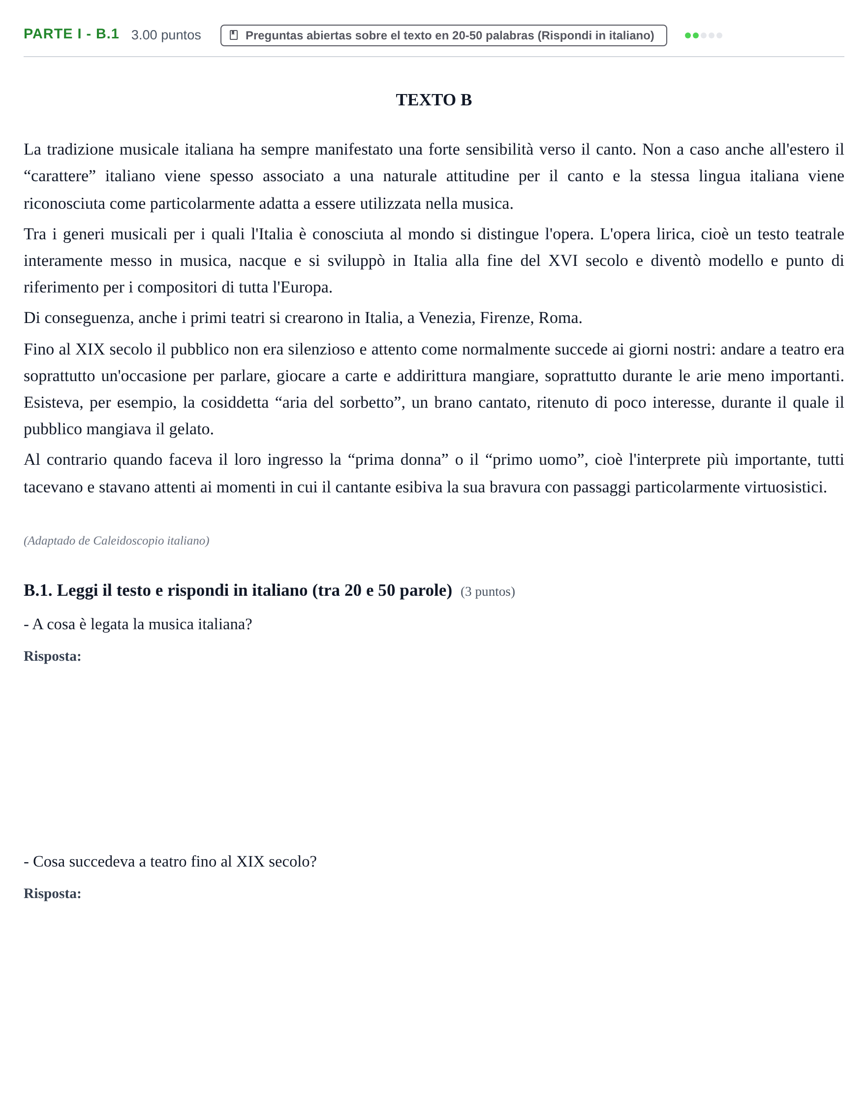 Enunciado: Ejercicio Parte I - B.1 · Italiano PAU Castilla y León Extraordinaria (Fase Mejora de Nota) 2021