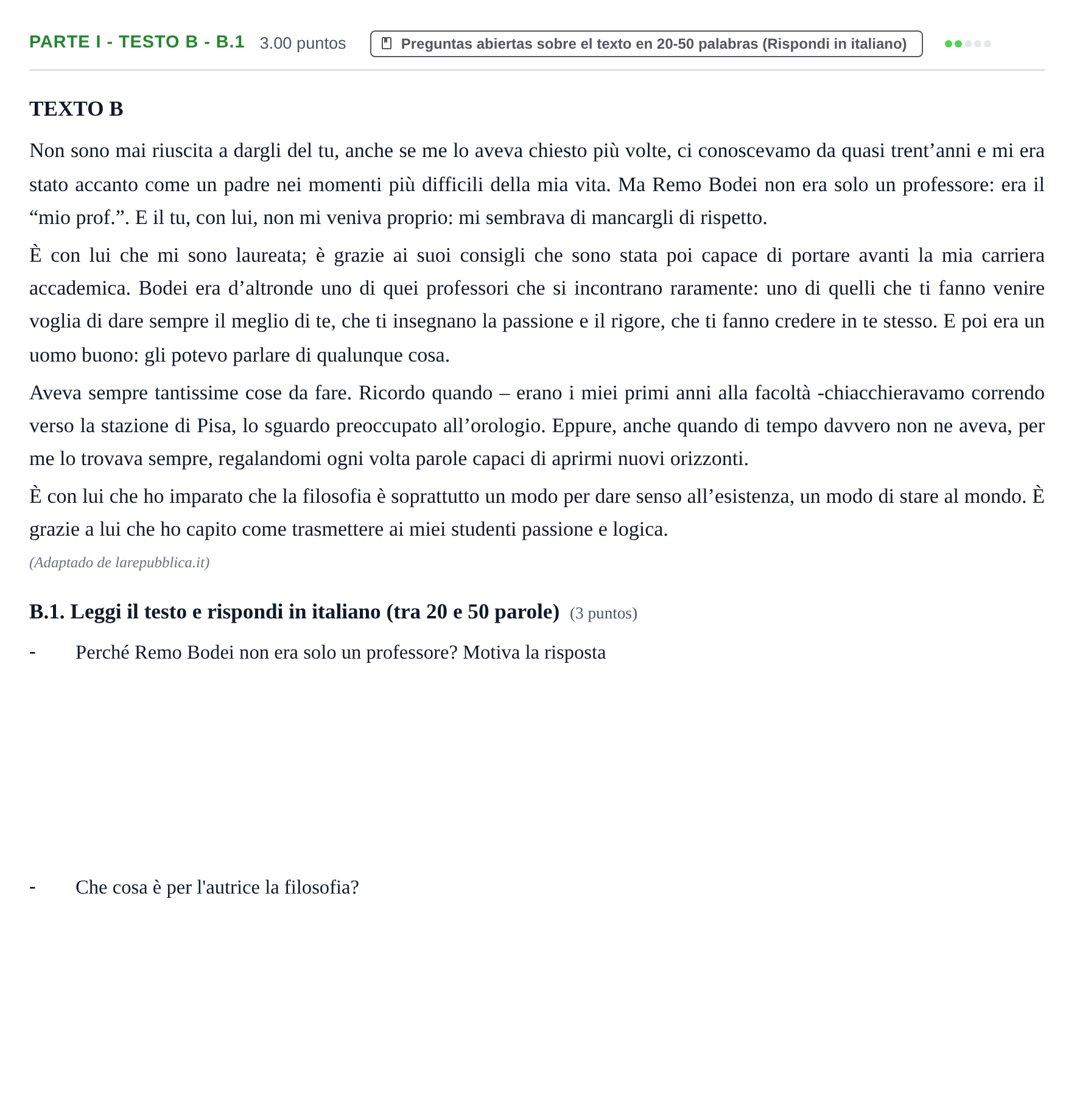Enunciado: Ejercicio Parte I - Testo B - B.1 · Italiano PAU Castilla y León Ordinaria (Fase Mejora de Nota) 2021