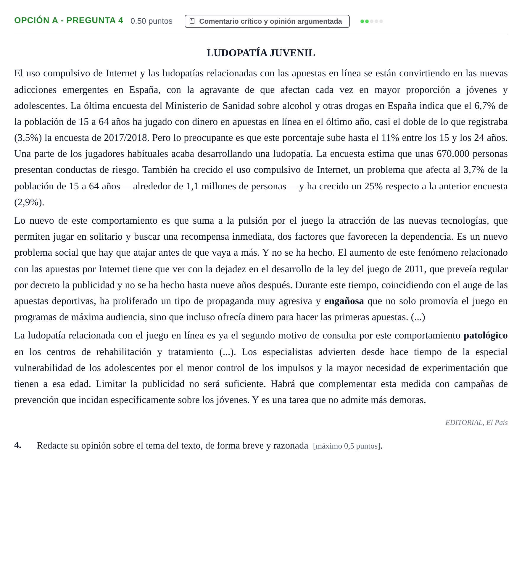 Enunciado: Opción A - Pregunta 4 · Lengua Castellana y Literatura II PAU Castilla y León Extraordinaria 2021