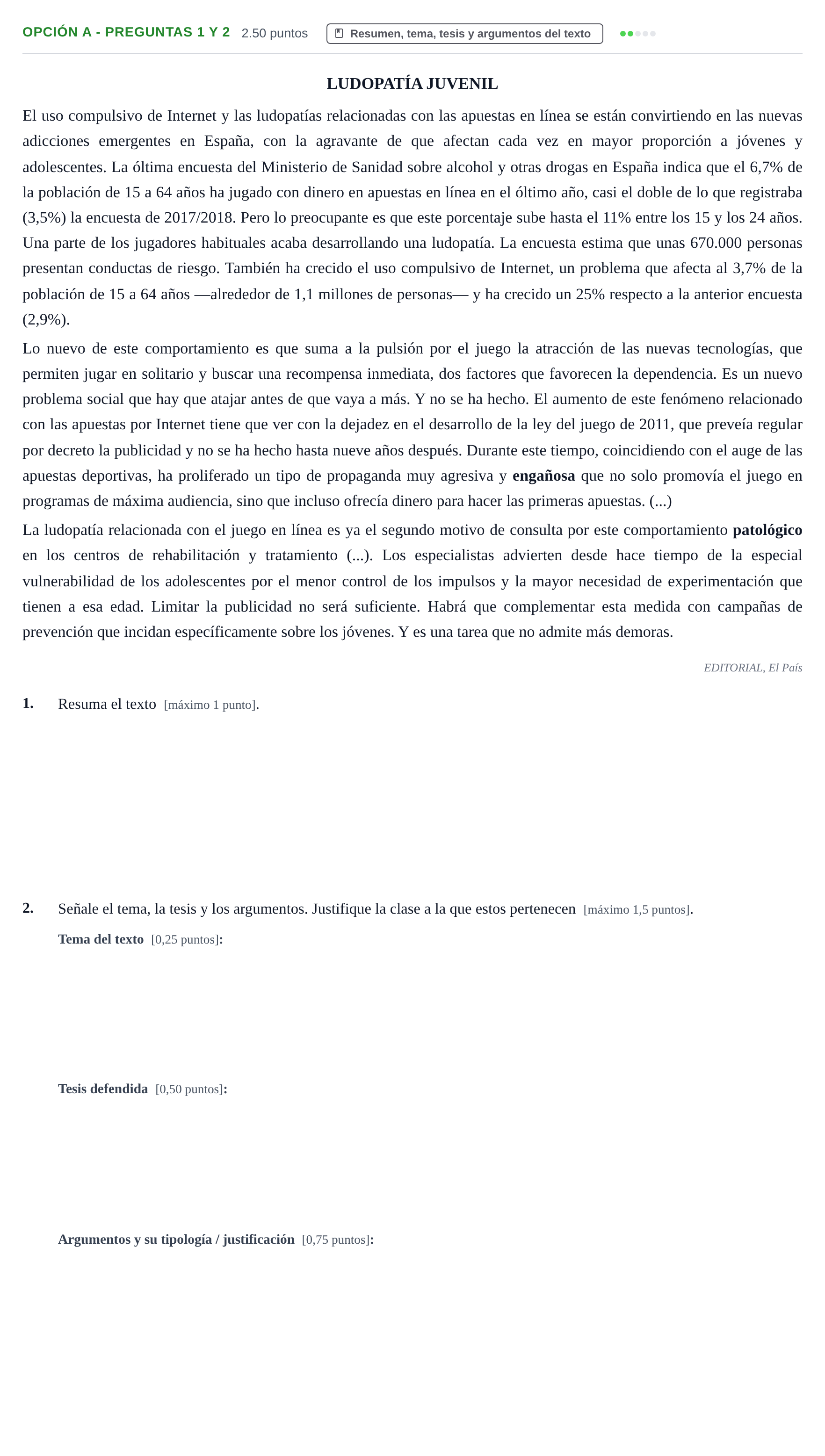 Enunciado: Opción A - Preguntas 1 y 2 · Lengua Castellana y Literatura II PAU Castilla y León Extraordinaria 2021