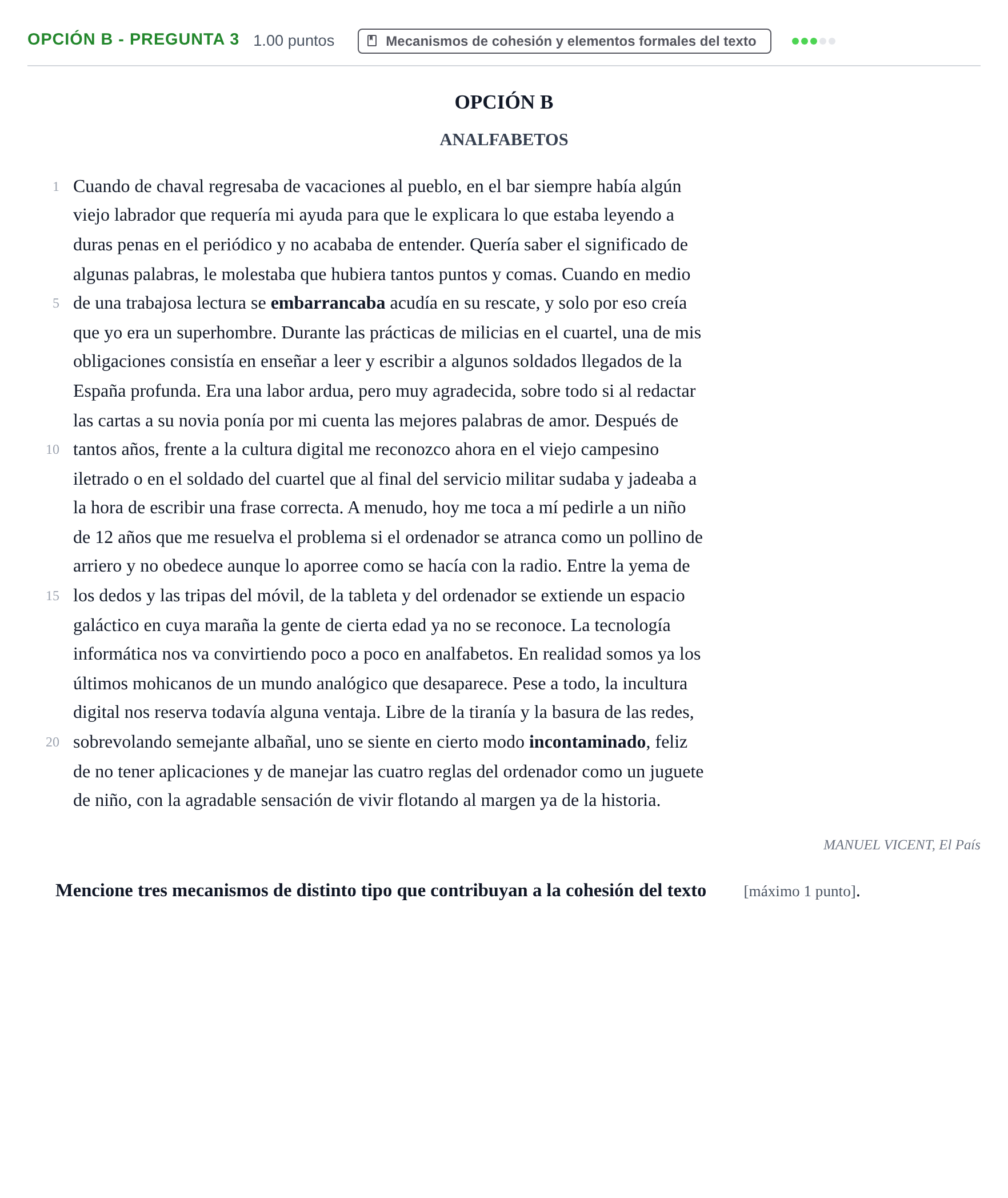 Enunciado: Opción B - Pregunta 3 · Lengua Castellana y Literatura II PAU Castilla y León Extraordinaria 2021