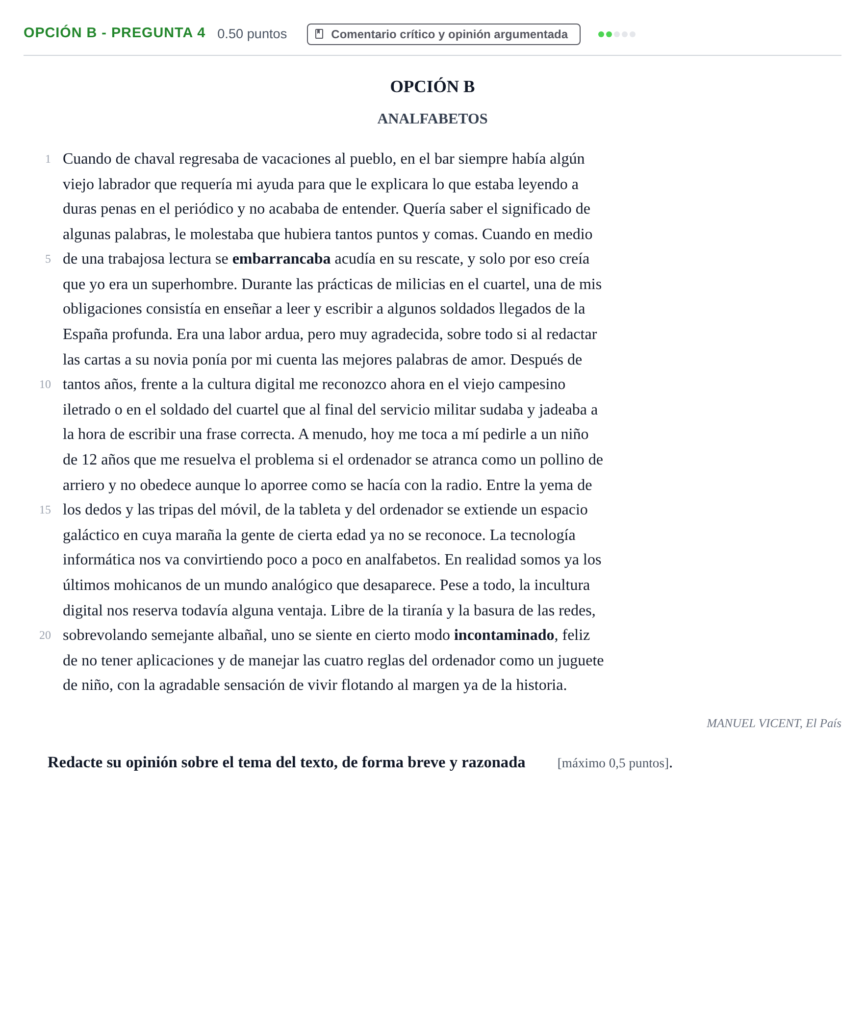 Enunciado: Opción B - Pregunta 4 · Lengua Castellana y Literatura II PAU Castilla y León Extraordinaria 2021