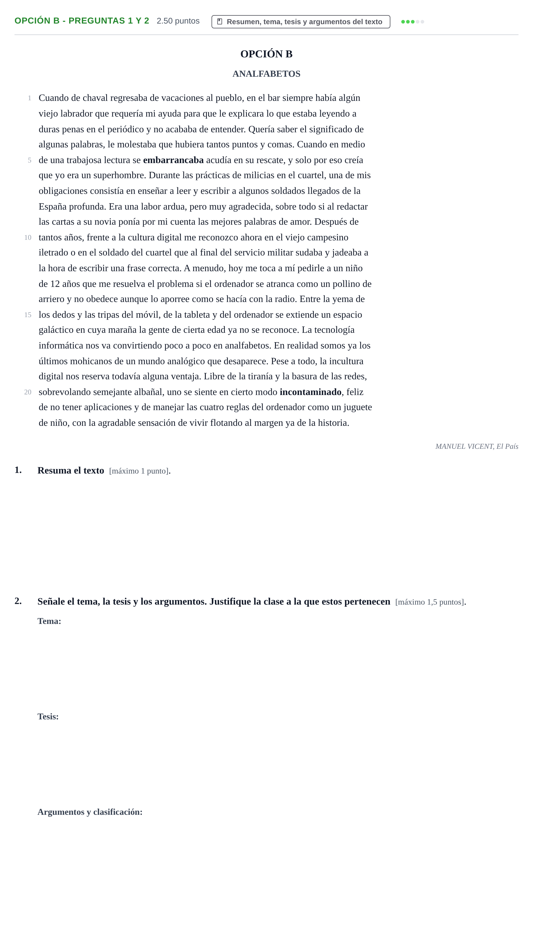 Enunciado: Opción B - Preguntas 1 y 2 · Lengua Castellana y Literatura II PAU Castilla y León Extraordinaria 2021