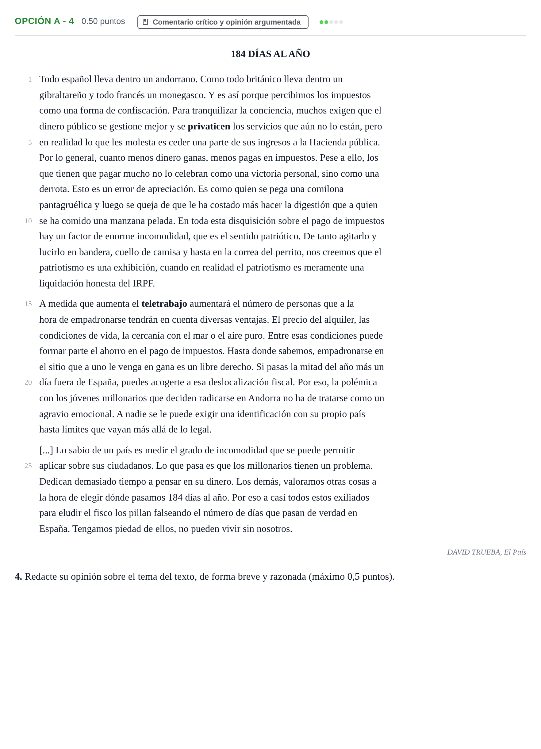 Enunciado: Opción A - 4 · Lengua Castellana y Literatura II PAU Castilla y León Ordinaria 2021