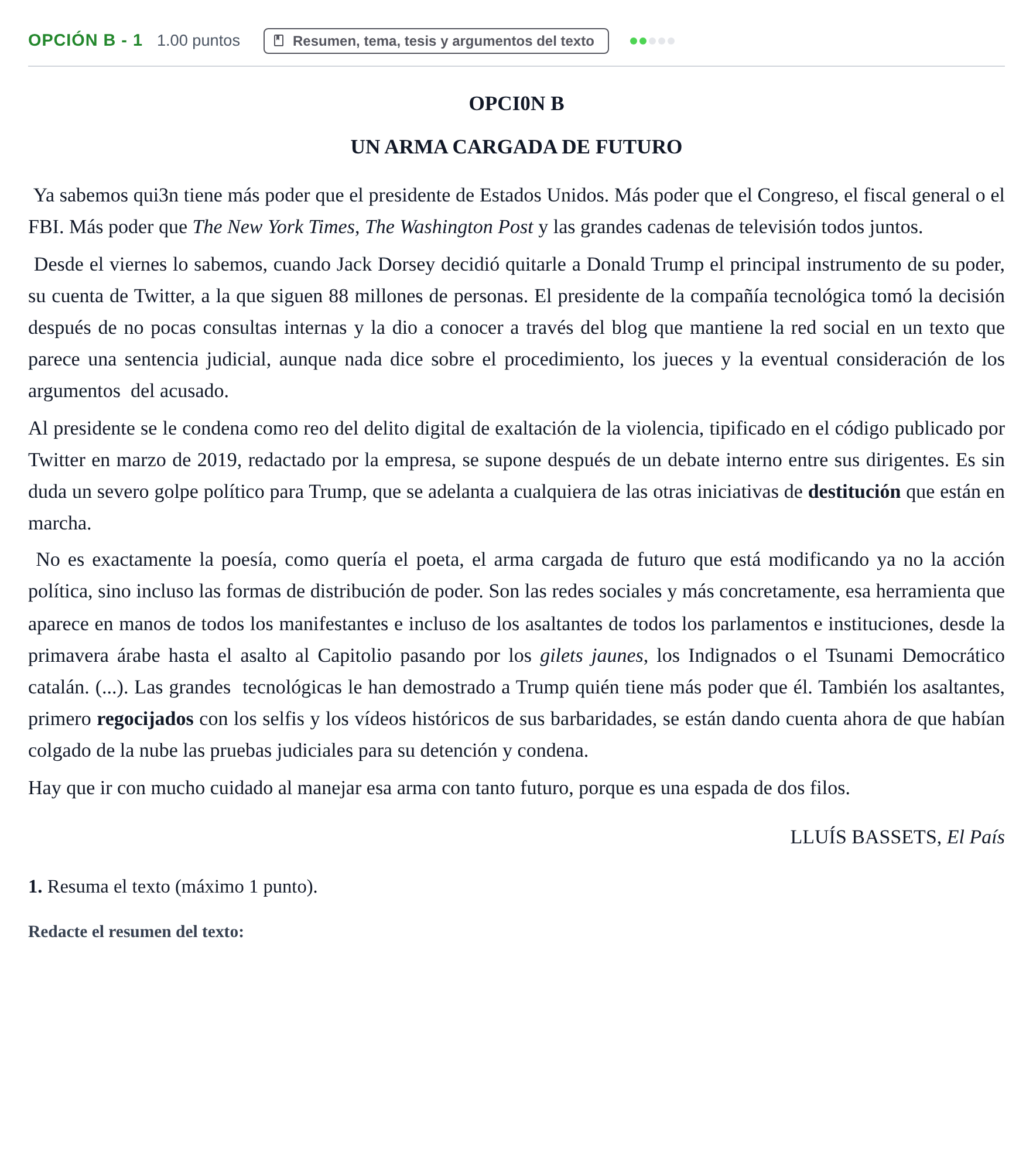 Enunciado: Opción B - 1 · Lengua Castellana y Literatura II PAU Castilla y León Ordinaria 2021