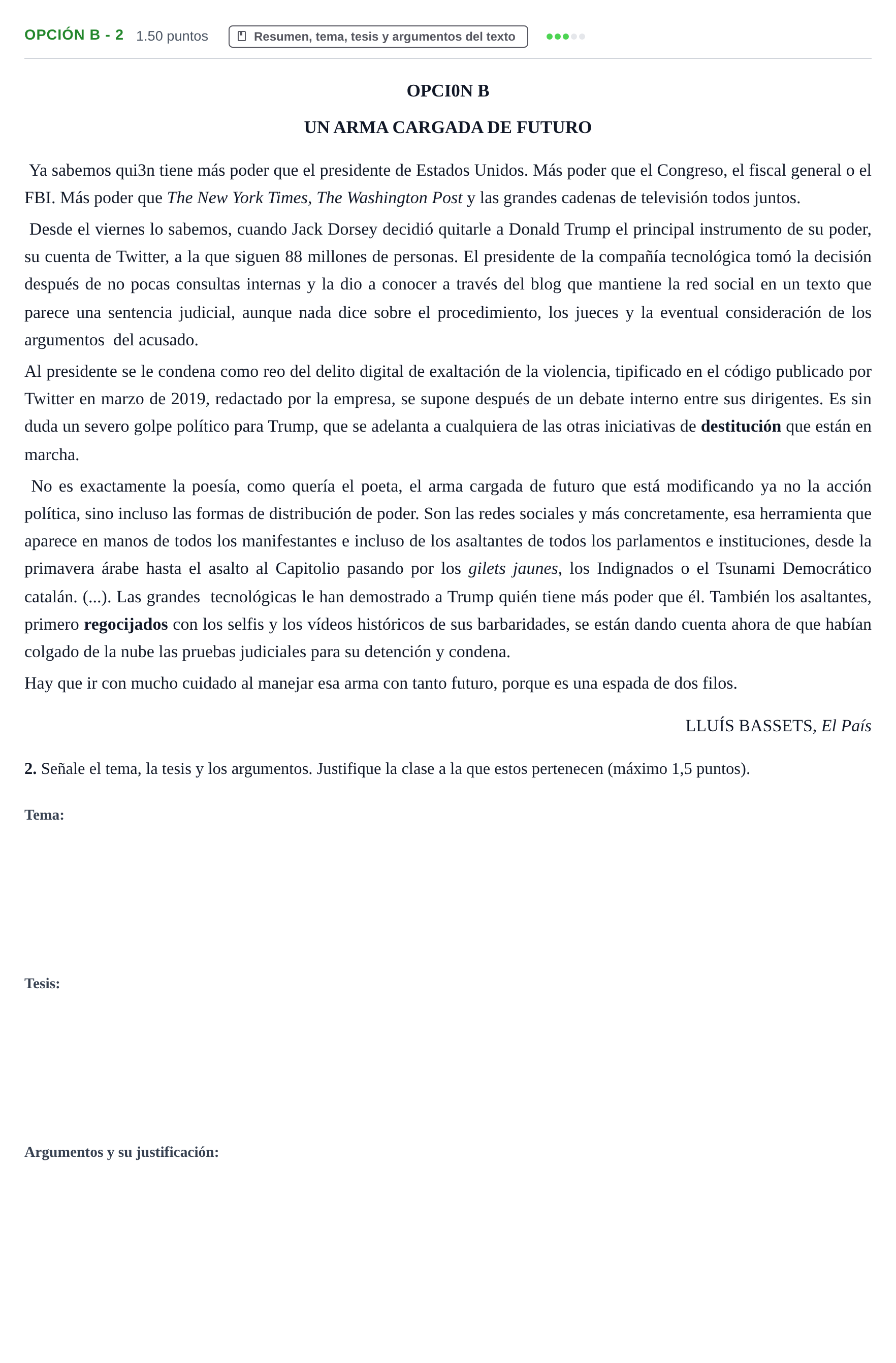 Enunciado: Opción B - 2 · Lengua Castellana y Literatura II PAU Castilla y León Ordinaria 2021