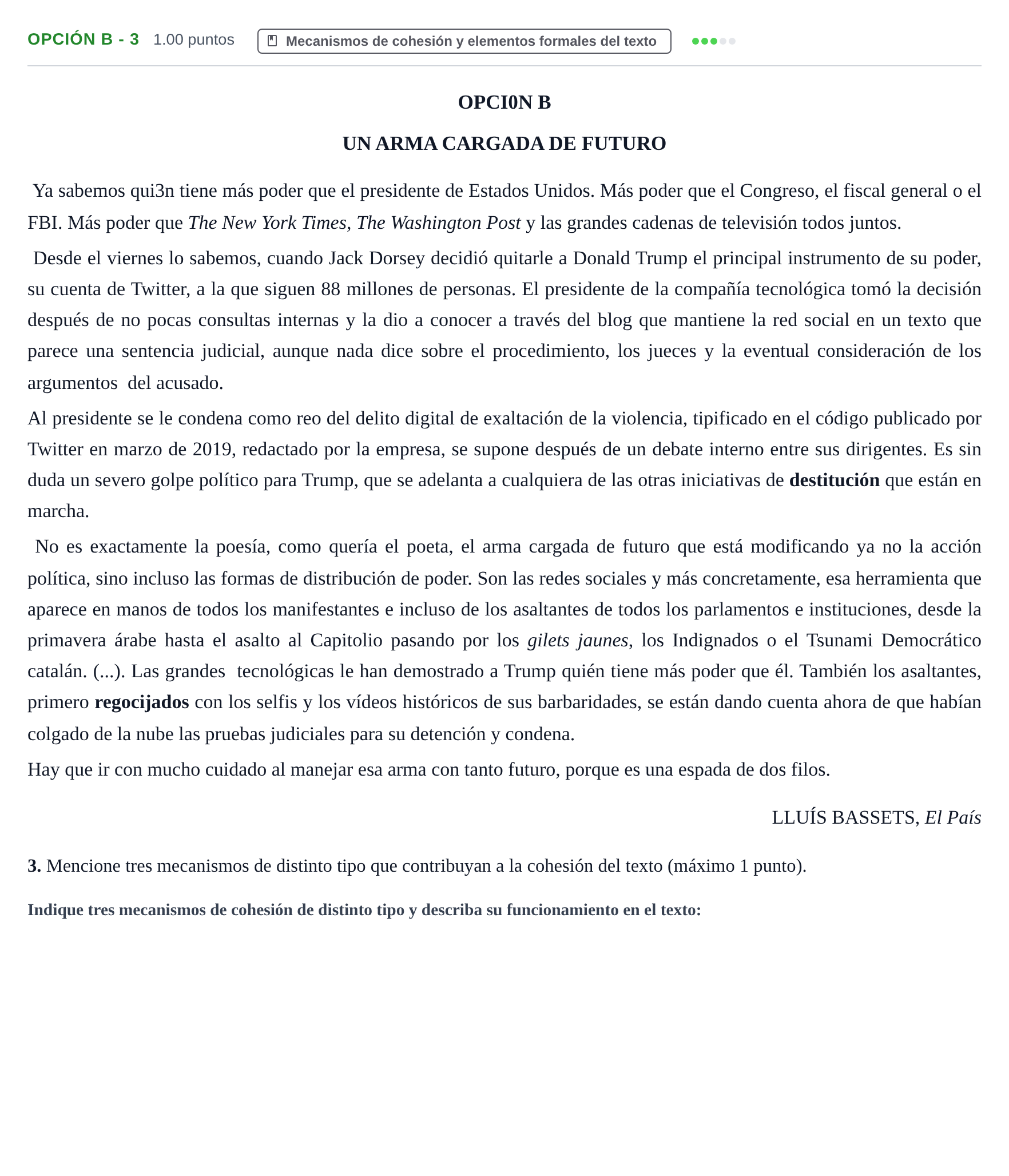 Enunciado: Opción B - 3 · Lengua Castellana y Literatura II PAU Castilla y León Ordinaria 2021