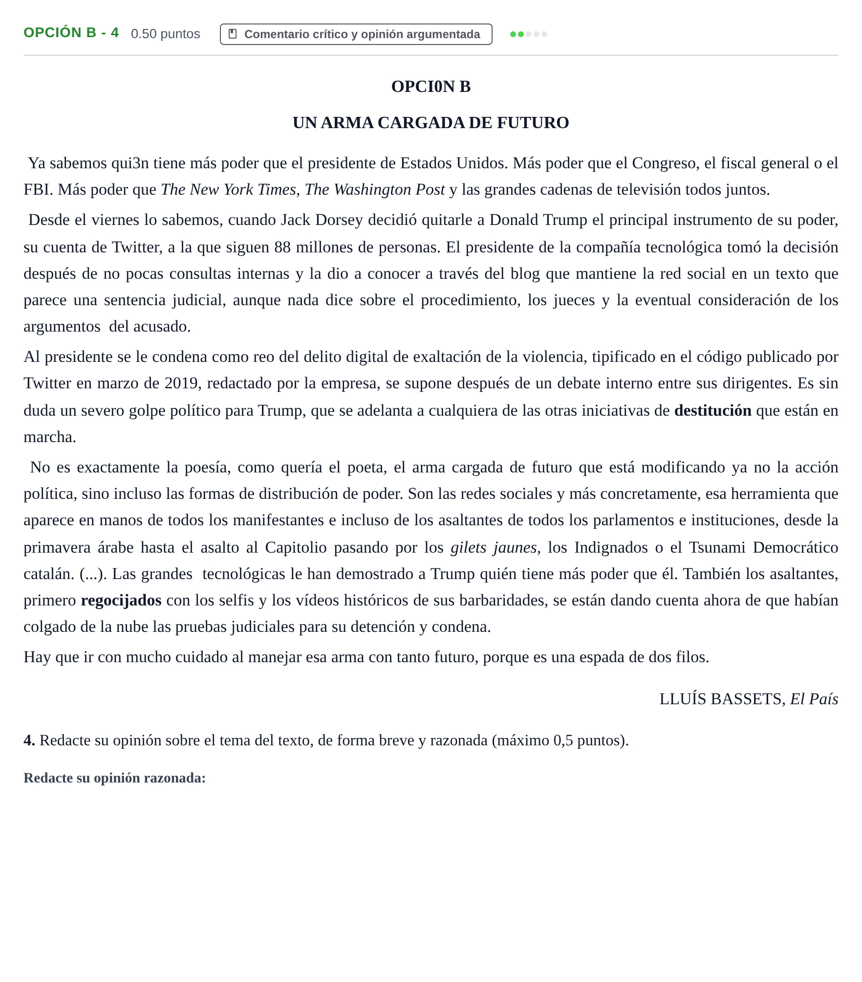 Enunciado: Opción B - 4 · Lengua Castellana y Literatura II PAU Castilla y León Ordinaria 2021