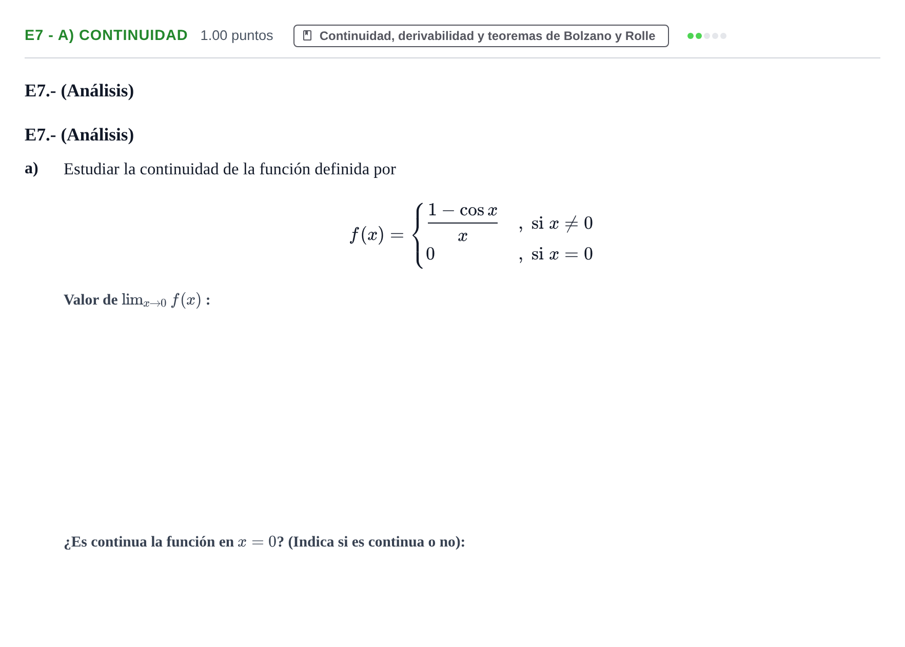 Enunciado: Ejercicio E7 - a) Continuidad · Matemáticas II PAU Castilla y León Extraordinaria 2021