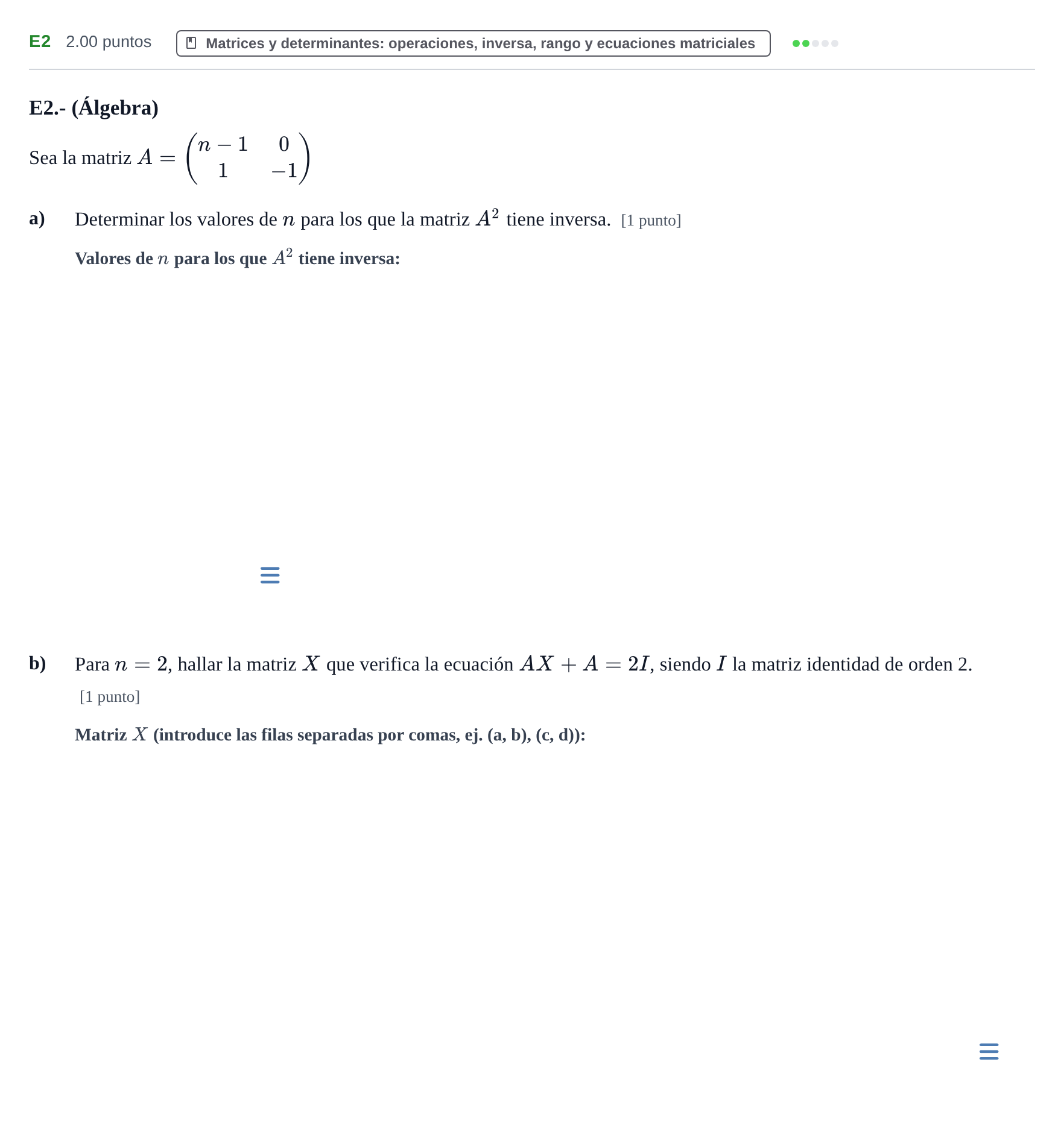 Enunciado: Ejercicio E2 · Matemáticas II PAU Castilla y León Ordinaria 2021