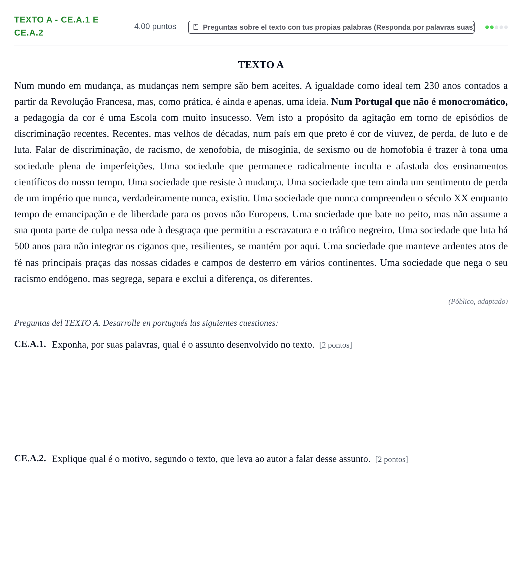 Enunciado: Ejercicio Texto A - CE.A.1 e CE.A.2 · Portugués PAU Castilla y León Ordinaria 2021