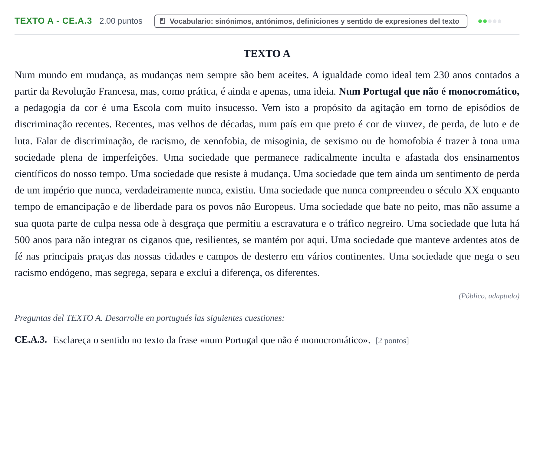 Enunciado: Ejercicio Texto A - CE.A.3 · Portugués PAU Castilla y León Ordinaria 2021