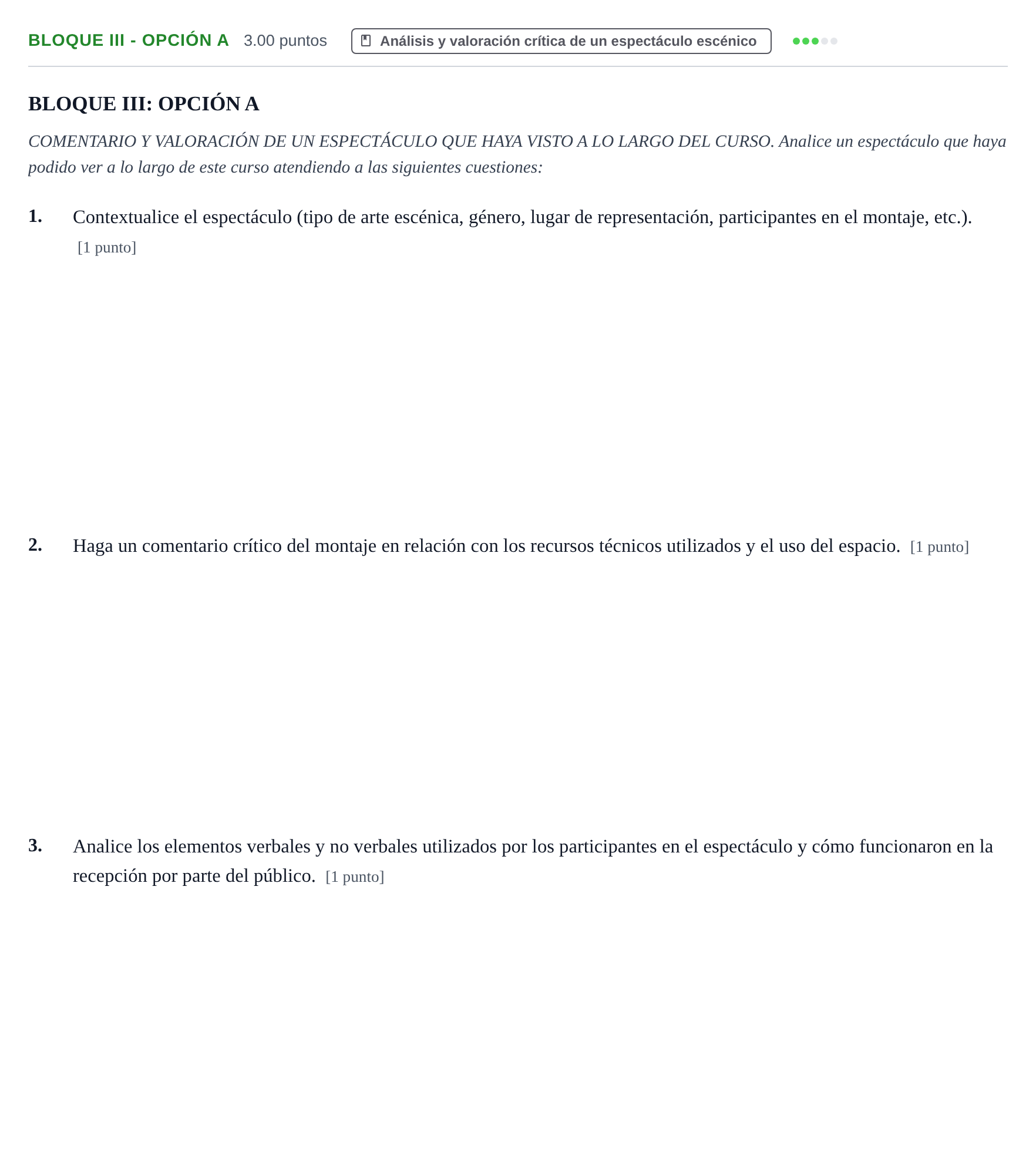 Enunciado: Bloque III - Opción A · Artes Escénicas PAU Castilla-La Mancha Extraordinaria 2026