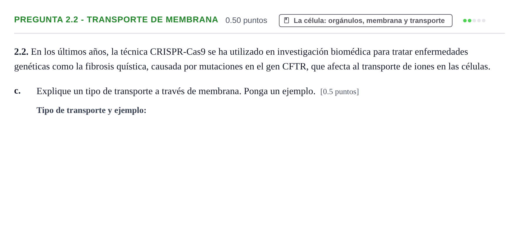 Enunciado: Pregunta 2.2 - Transporte de membrana · Biología PAU Castilla-La Mancha Extraordinaria 2026