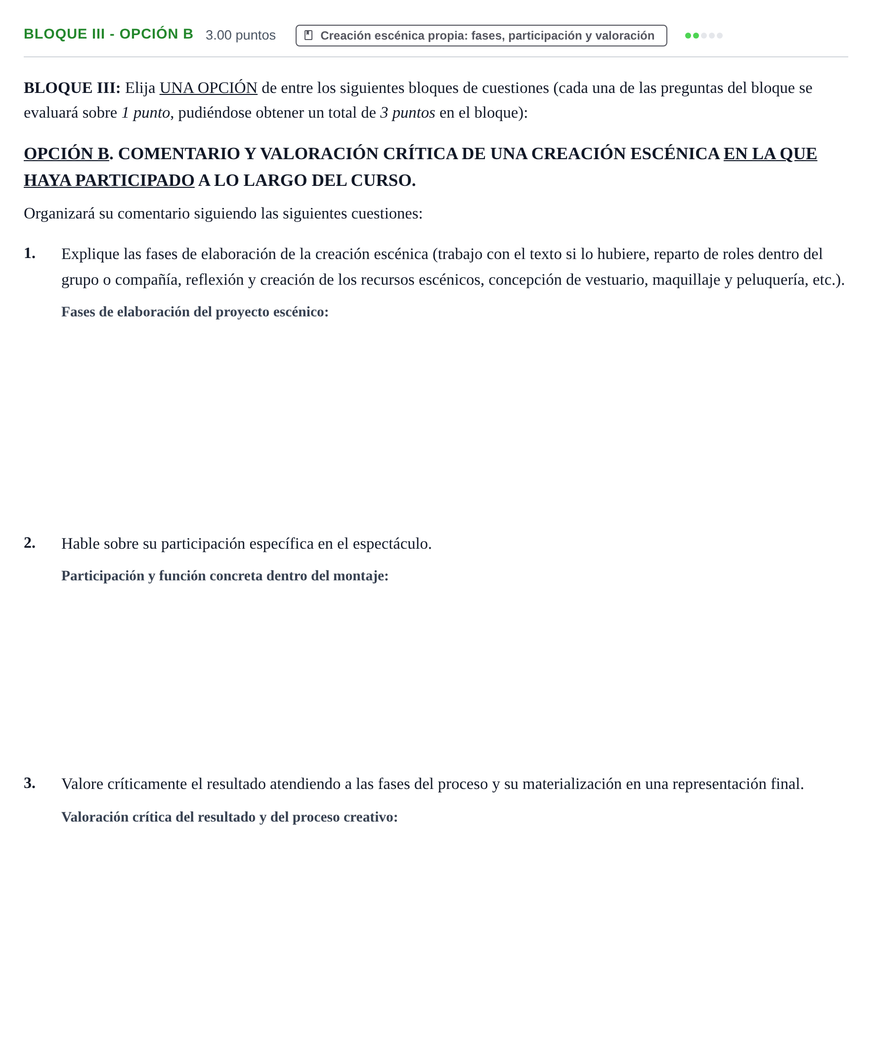 Enunciado: Bloque III - Opción B · Artes Escénicas PAU Castilla-La Mancha Ordinaria 2026