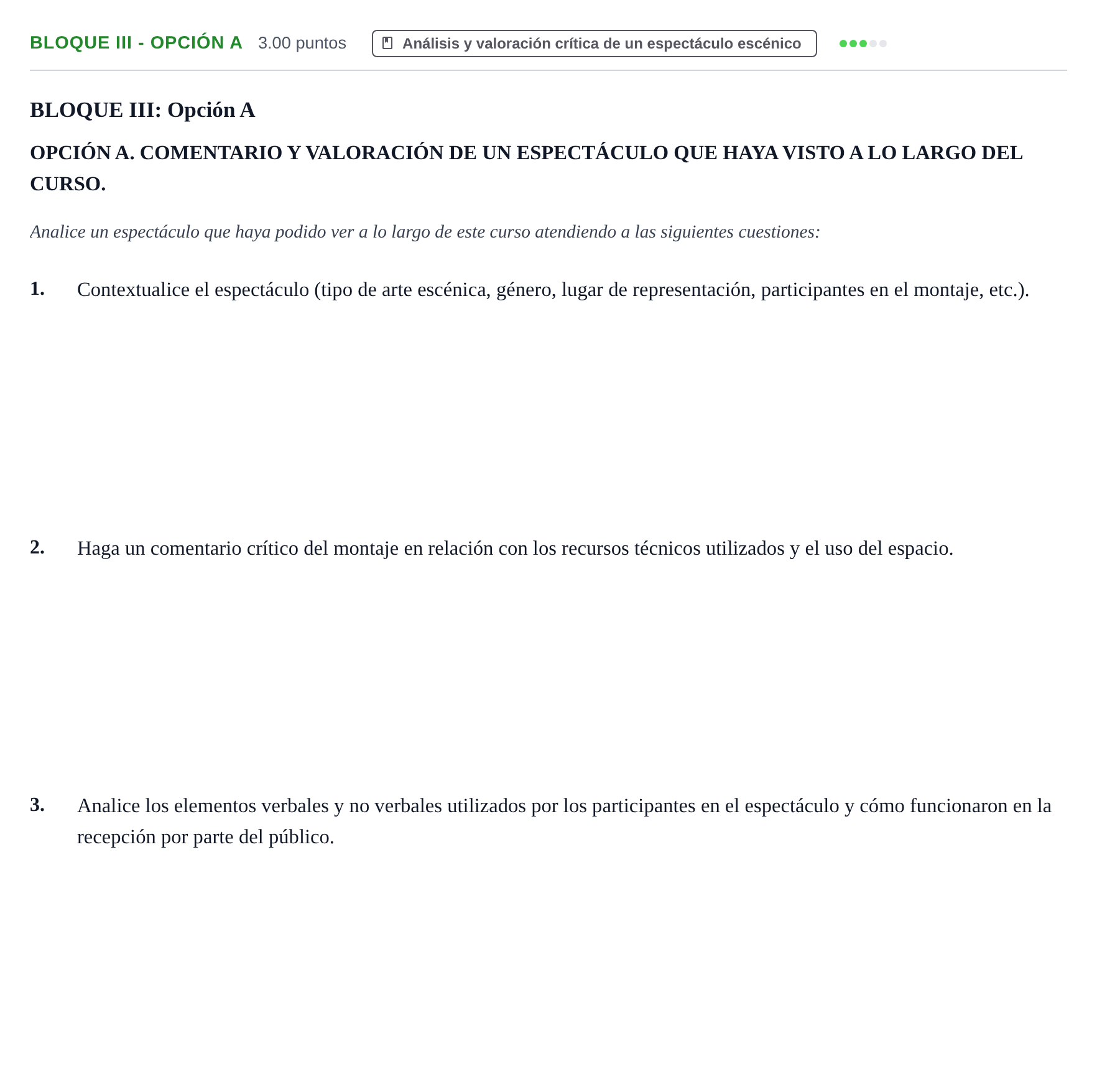 Enunciado: Bloque III - Opción A · Artes Escénicas PAU Castilla-La Mancha Ordinaria 2026