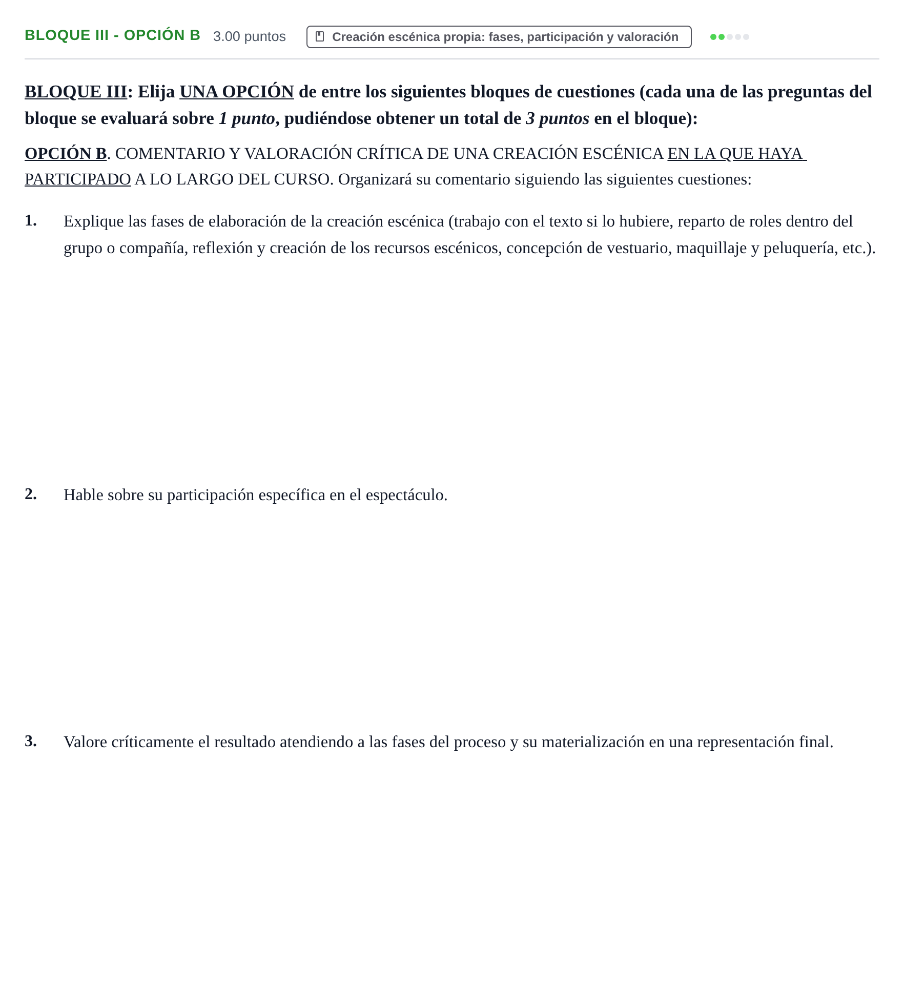Enunciado: Bloque III - Opción B · Artes Escénicas PAU Castilla-La Mancha Ordinaria 2026