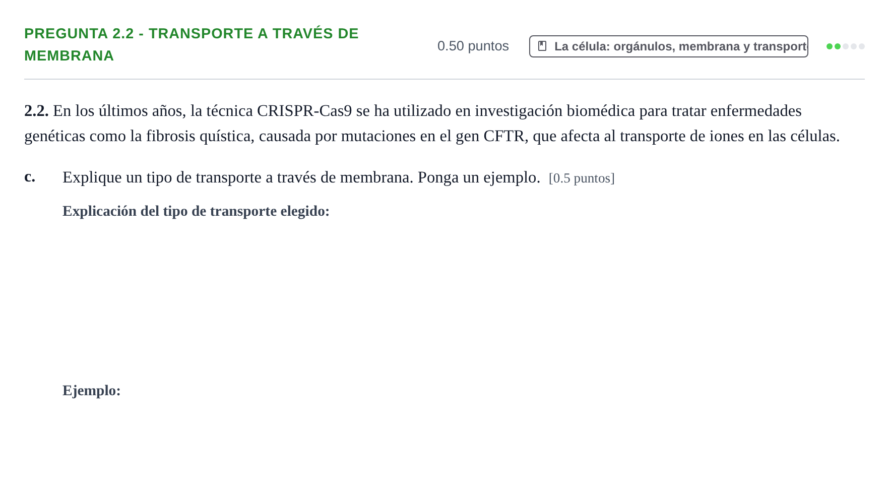 Enunciado: Pregunta 2.2 - Transporte a través de membrana · Biología PAU Castilla-La Mancha Extraordinaria 2026