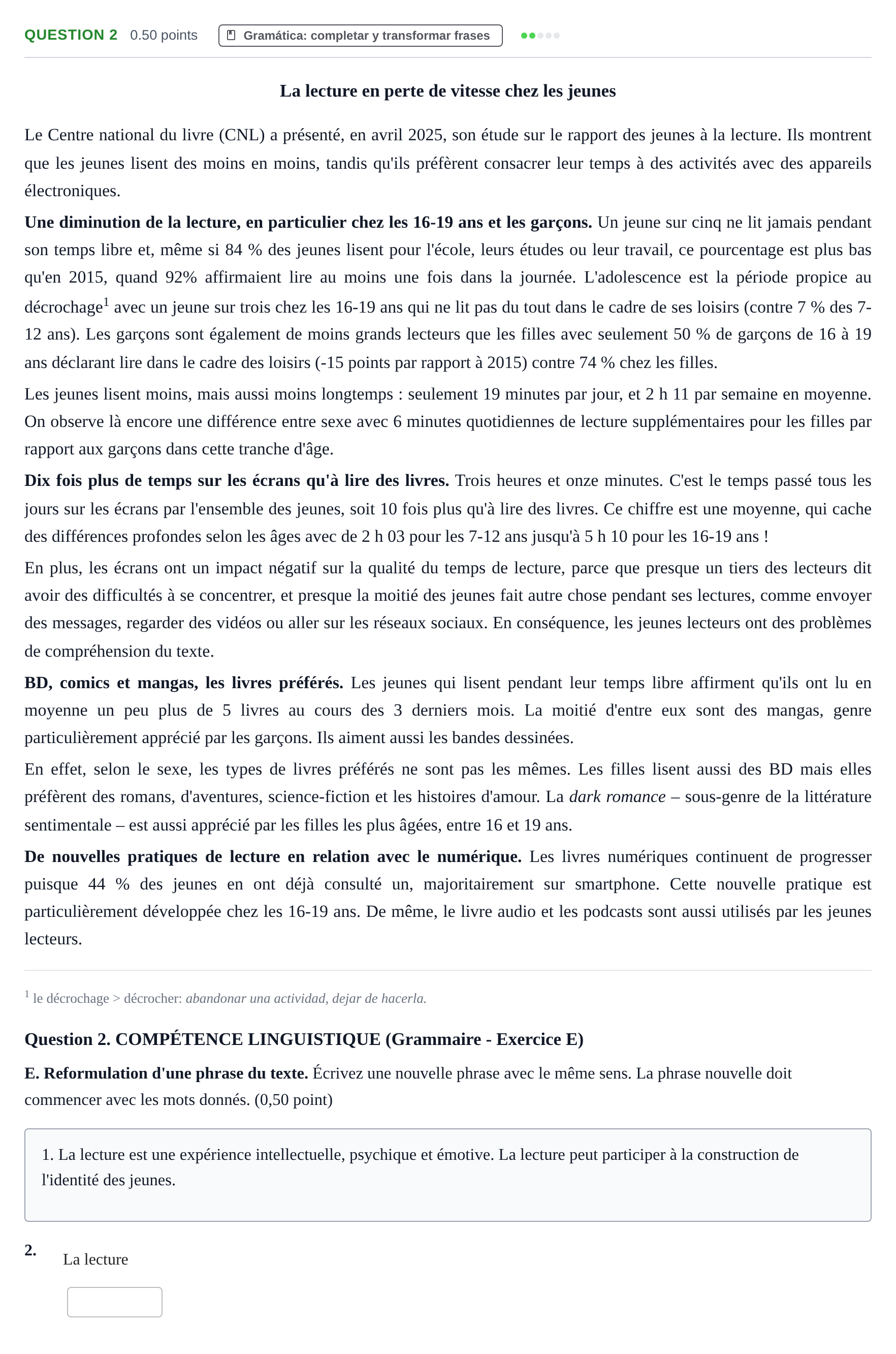 Enunciado: Question 2 - Gramática · Francés PAU Castilla-La Mancha Extraordinaria 2026