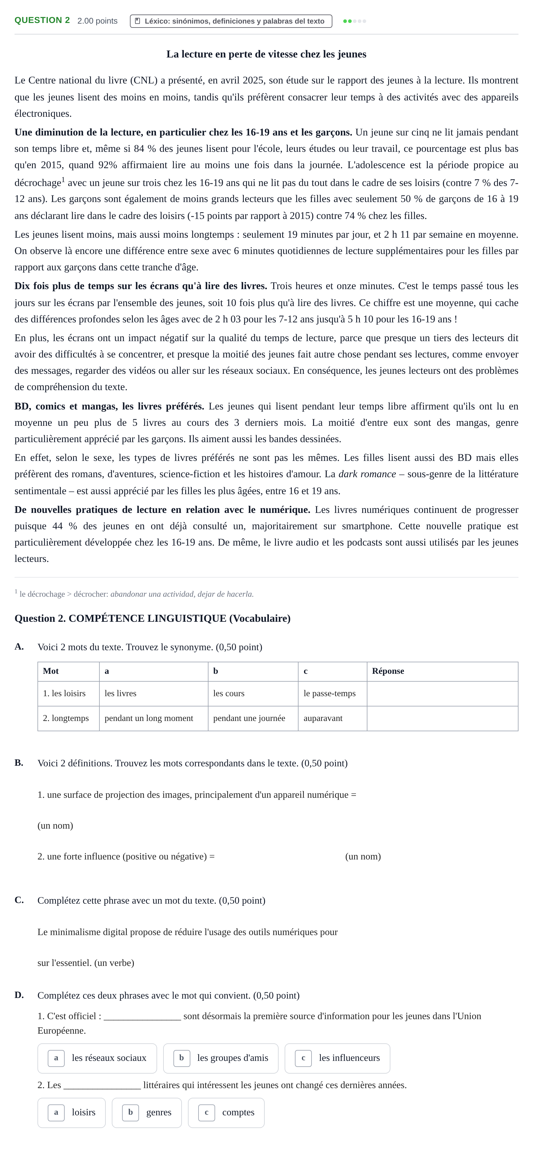 Enunciado: Question 2 - Léxico · Francés PAU Castilla-La Mancha Extraordinaria 2026