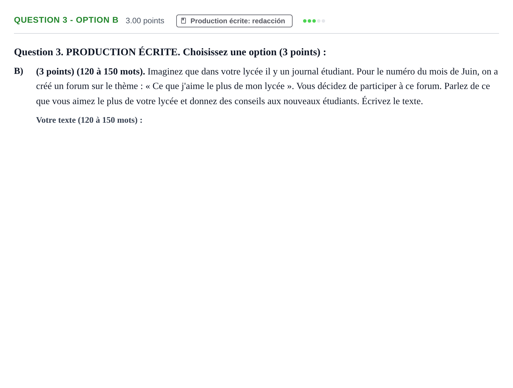 Enunciado: Question 3 - Option B · Francés PAU Castilla-La Mancha Extraordinaria 2026