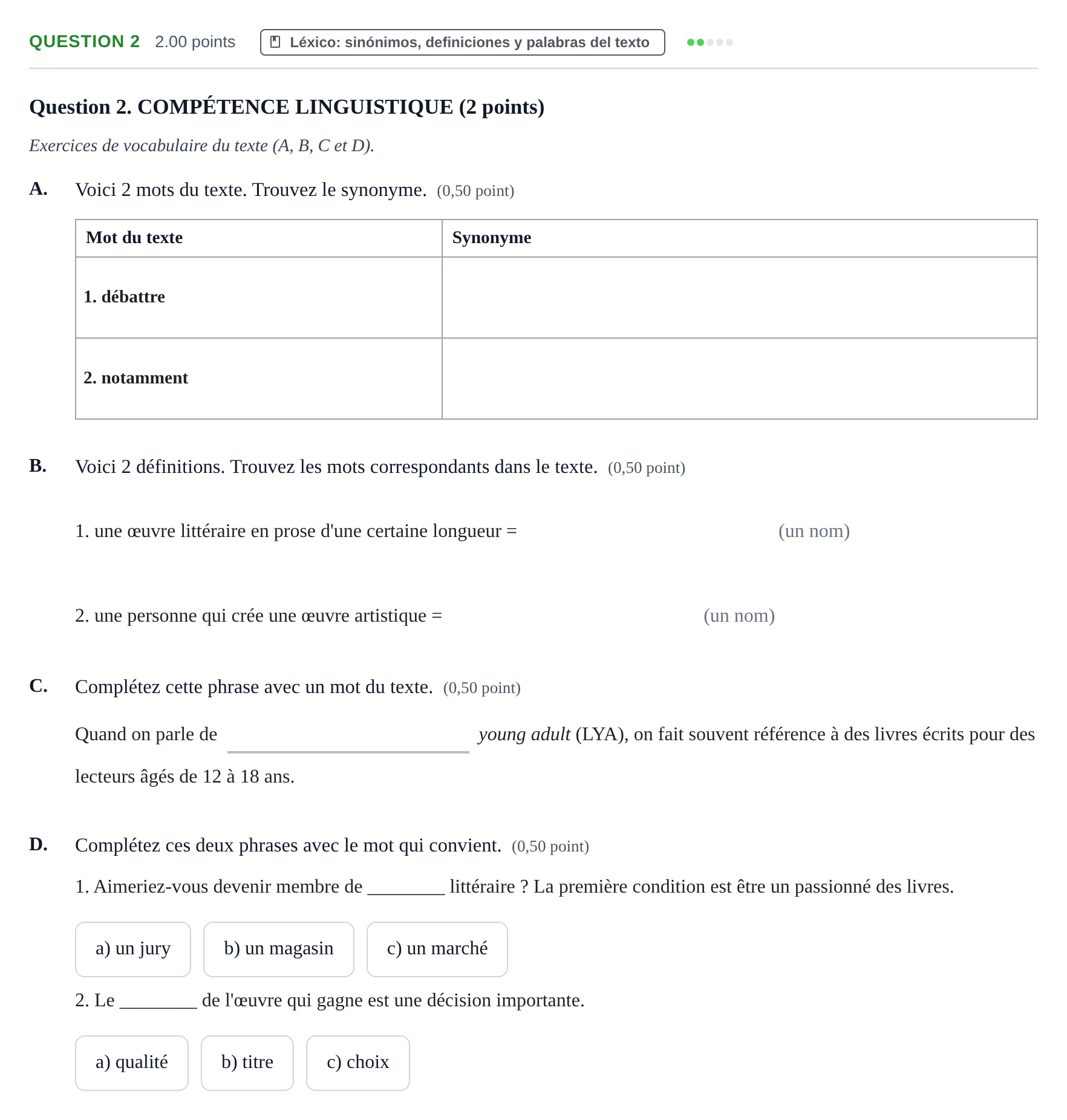 Enunciado: Question 2 - Léxico · Francés PAU Castilla-La Mancha Ordinaria 2026