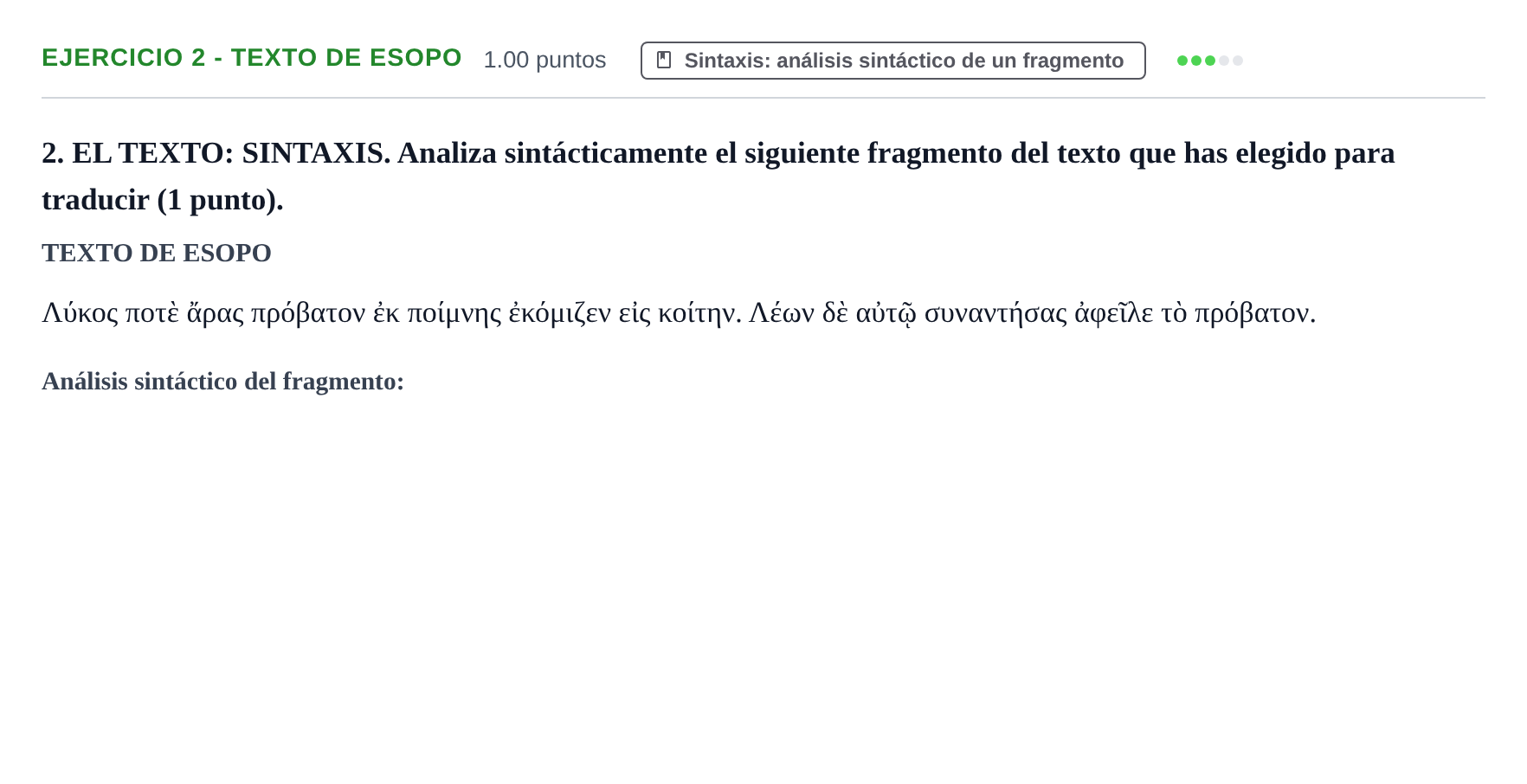 Enunciado: Ejercicio 2 - Texto de Esopo · Griego II PAU Castilla-La Mancha Ordinaria 2026