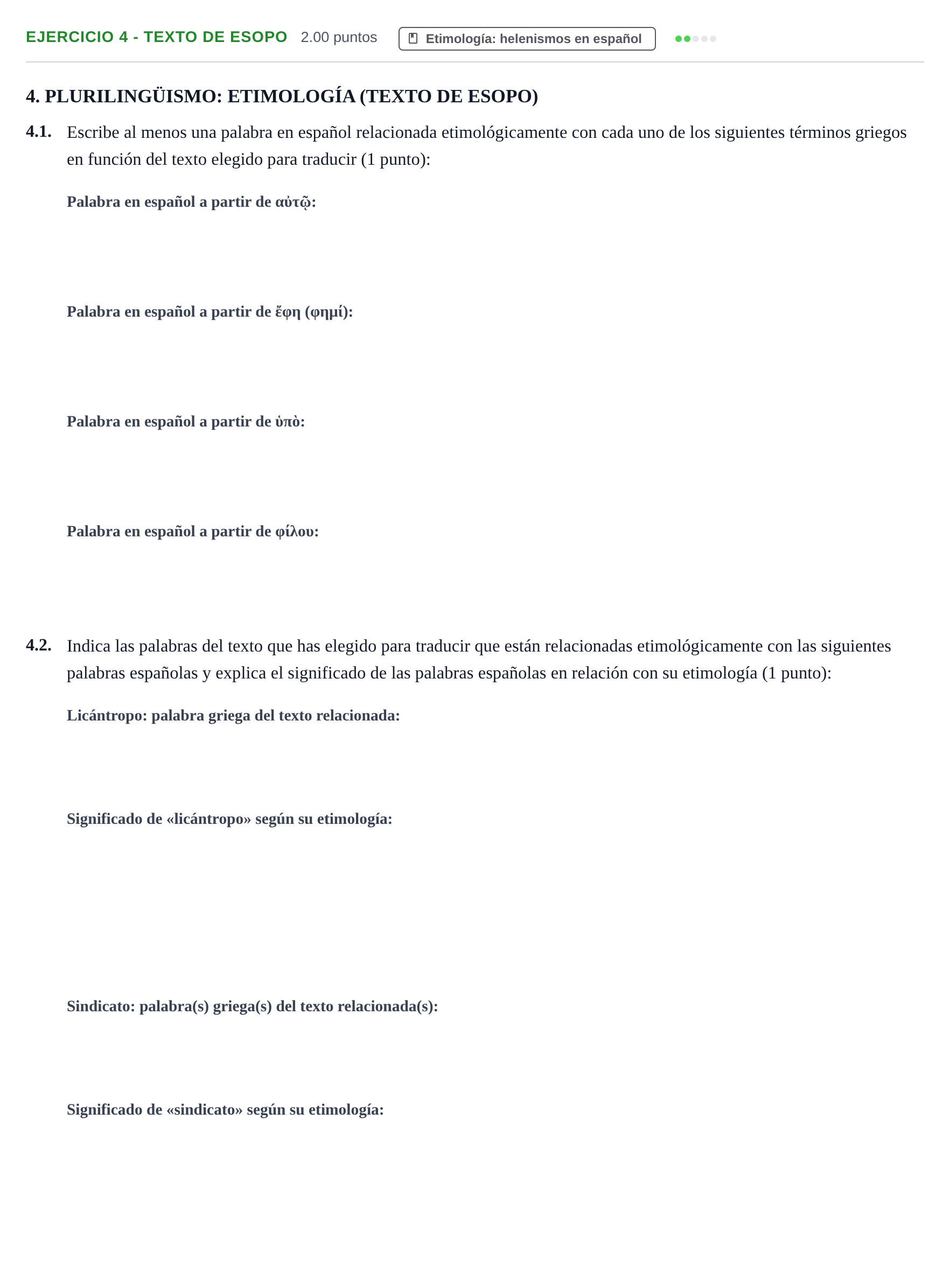 Enunciado: Ejercicio 4 - Texto de Esopo · Griego II PAU Castilla-La Mancha Ordinaria 2026