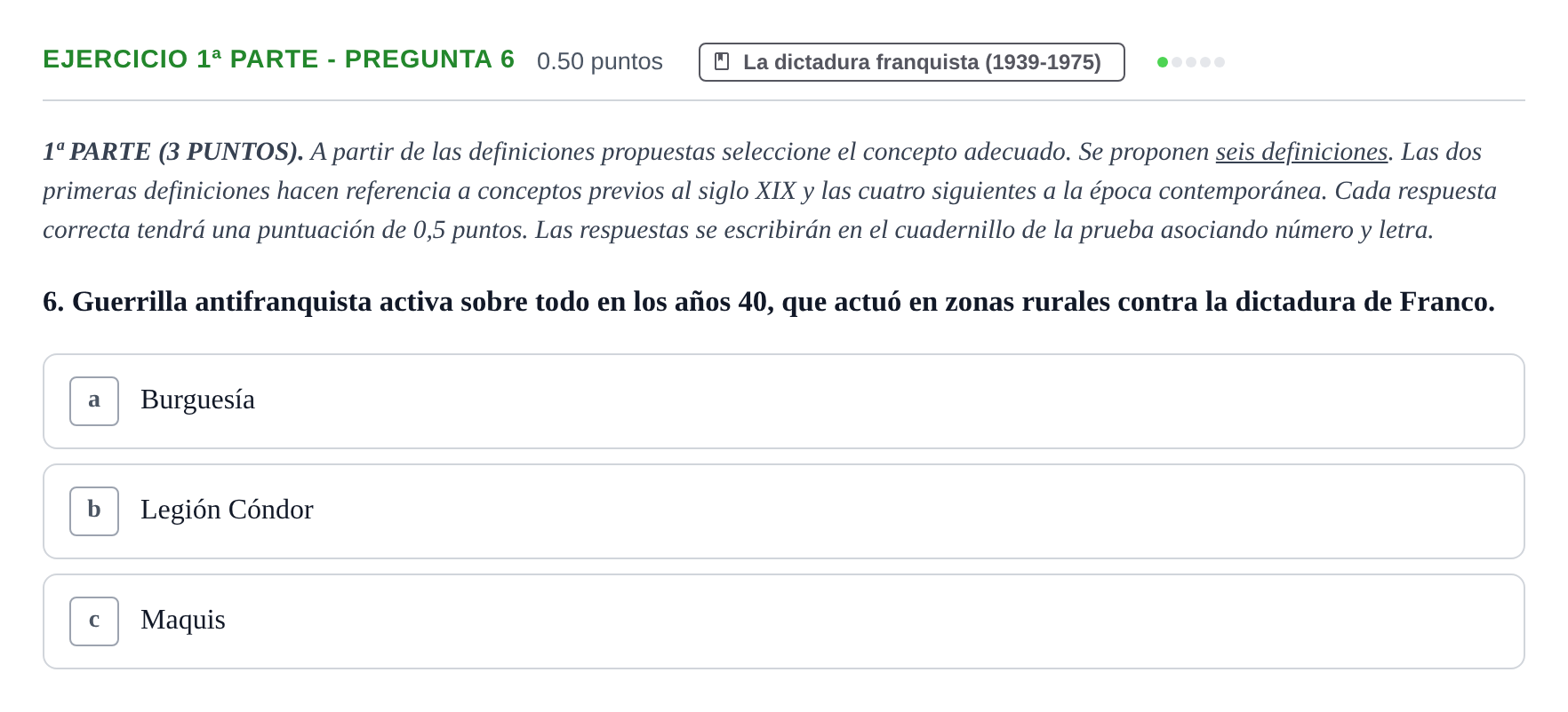 Enunciado: Ejercicio 1ª Parte - Pregunta 6 · Historia de España PAU Castilla-La Mancha Ordinaria 2026