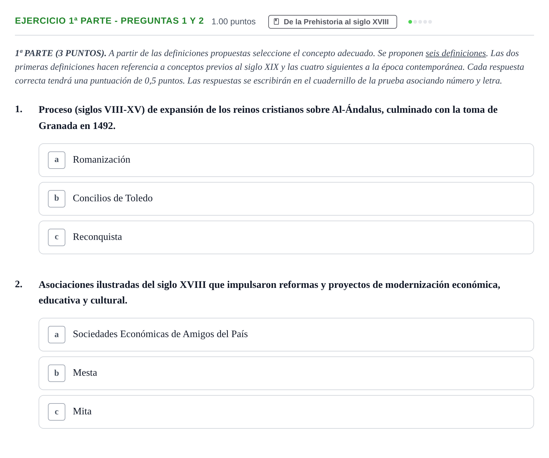 Enunciado: Ejercicio 1ª Parte - Preguntas 1 y 2 · Historia de España PAU Castilla-La Mancha Ordinaria 2026