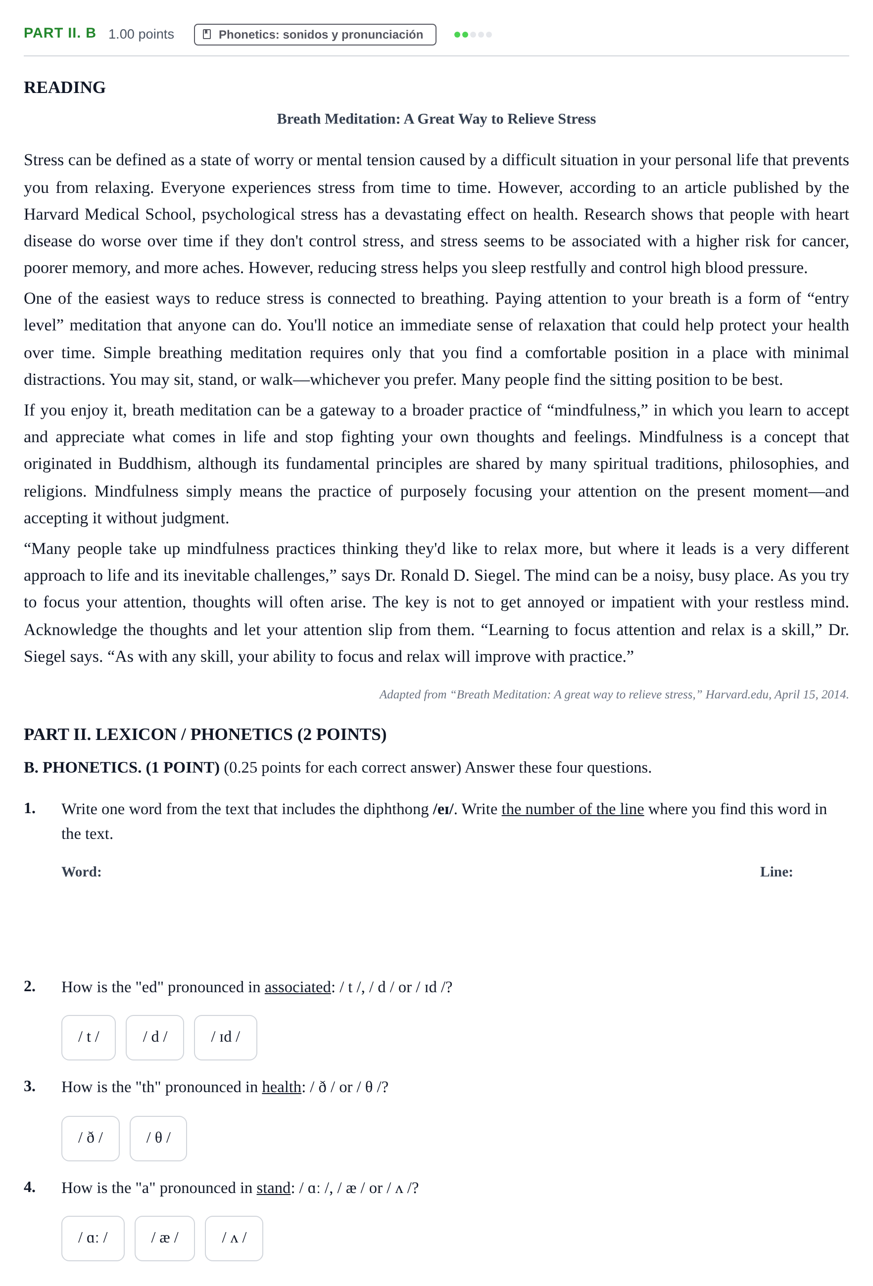 Enunciado: Part II. B - Phonetics · Inglés PAU Castilla-La Mancha Extraordinaria 2026