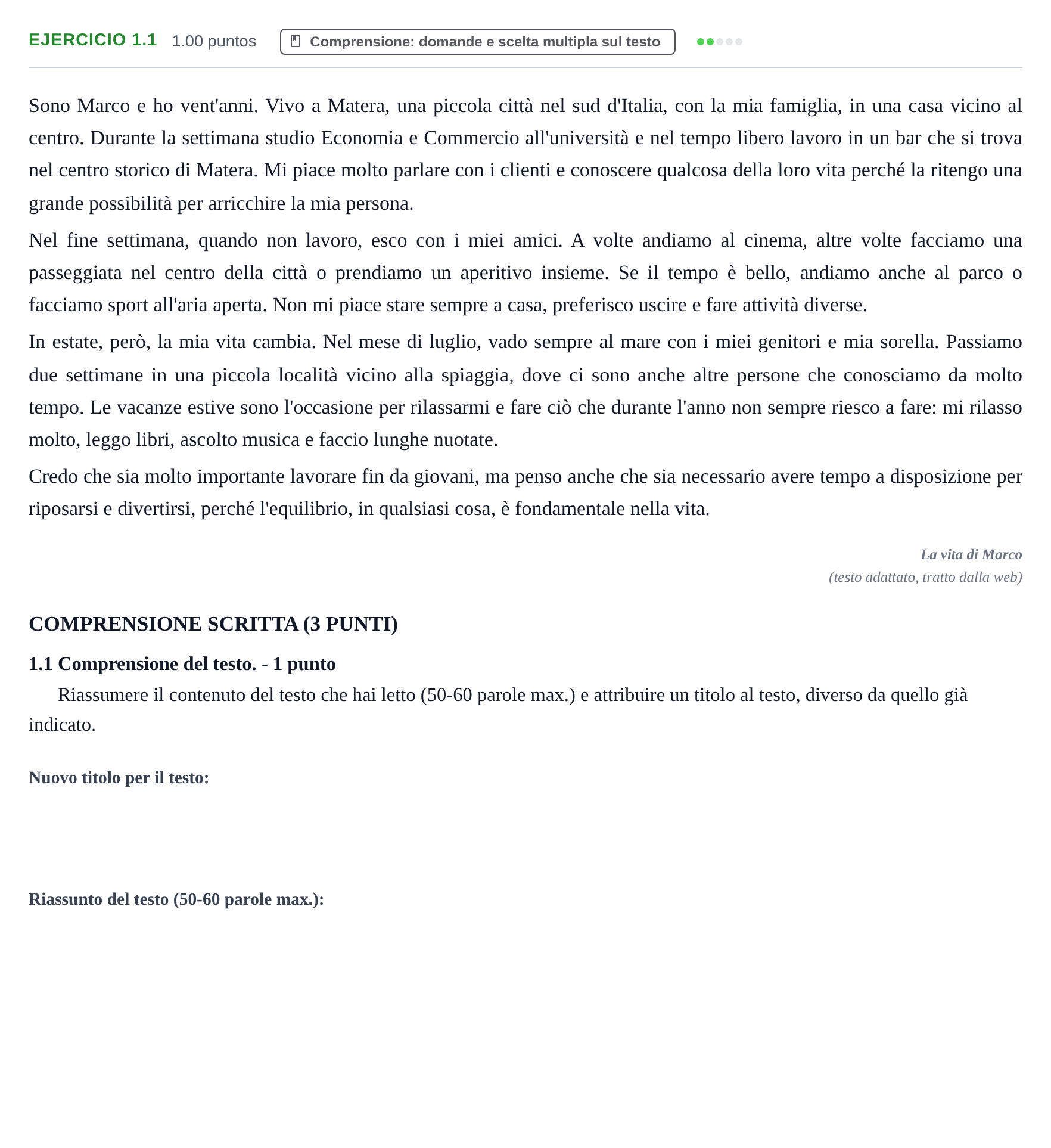 Enunciado: Ejercicio 1.1 · Italiano PAU Castilla-La Mancha Ordinaria 2026