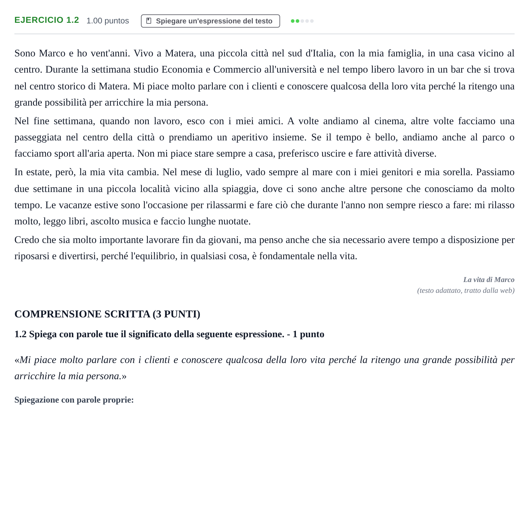 Enunciado: Ejercicio 1.2 · Italiano PAU Castilla-La Mancha Ordinaria 2026