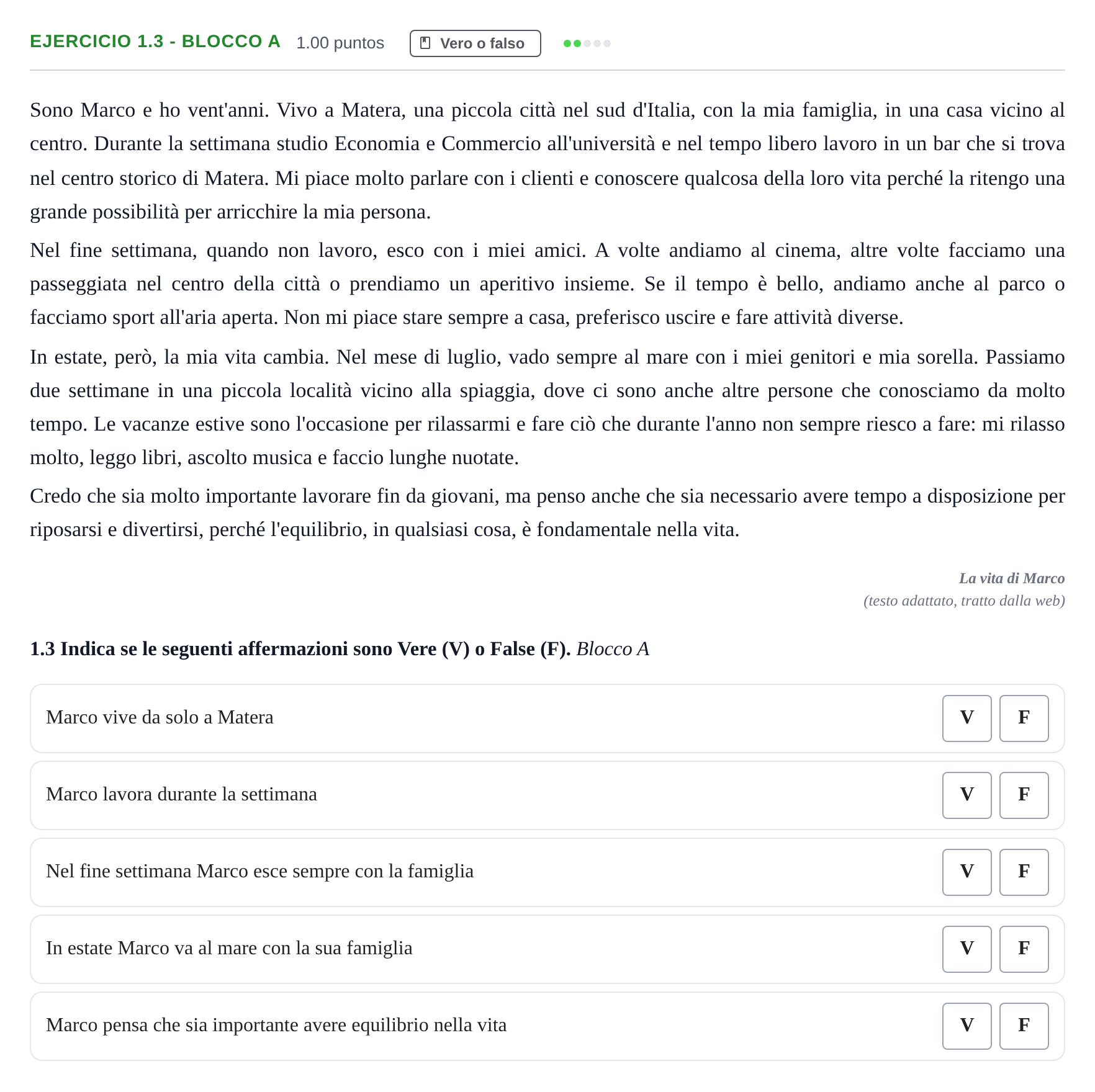 Enunciado: Ejercicio 1.3 - Blocco A · Italiano PAU Castilla-La Mancha Ordinaria 2026