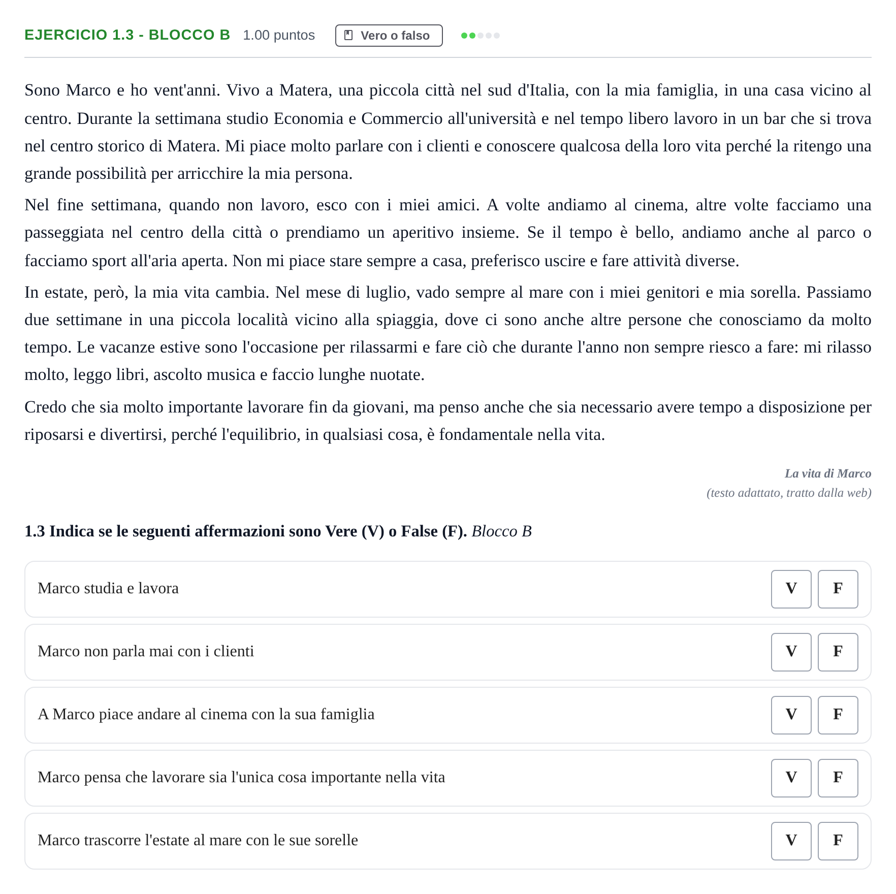 Enunciado: Ejercicio 1.3 - Blocco B · Italiano PAU Castilla-La Mancha Ordinaria 2026