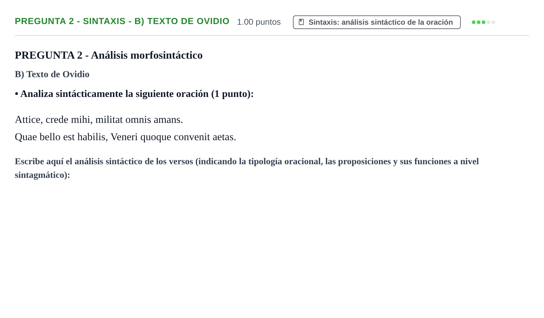 Enunciado: Pregunta 2 - Sintaxis - B) Texto de Ovidio · Latín II PAU Castilla-La Mancha Extraordinaria 2026