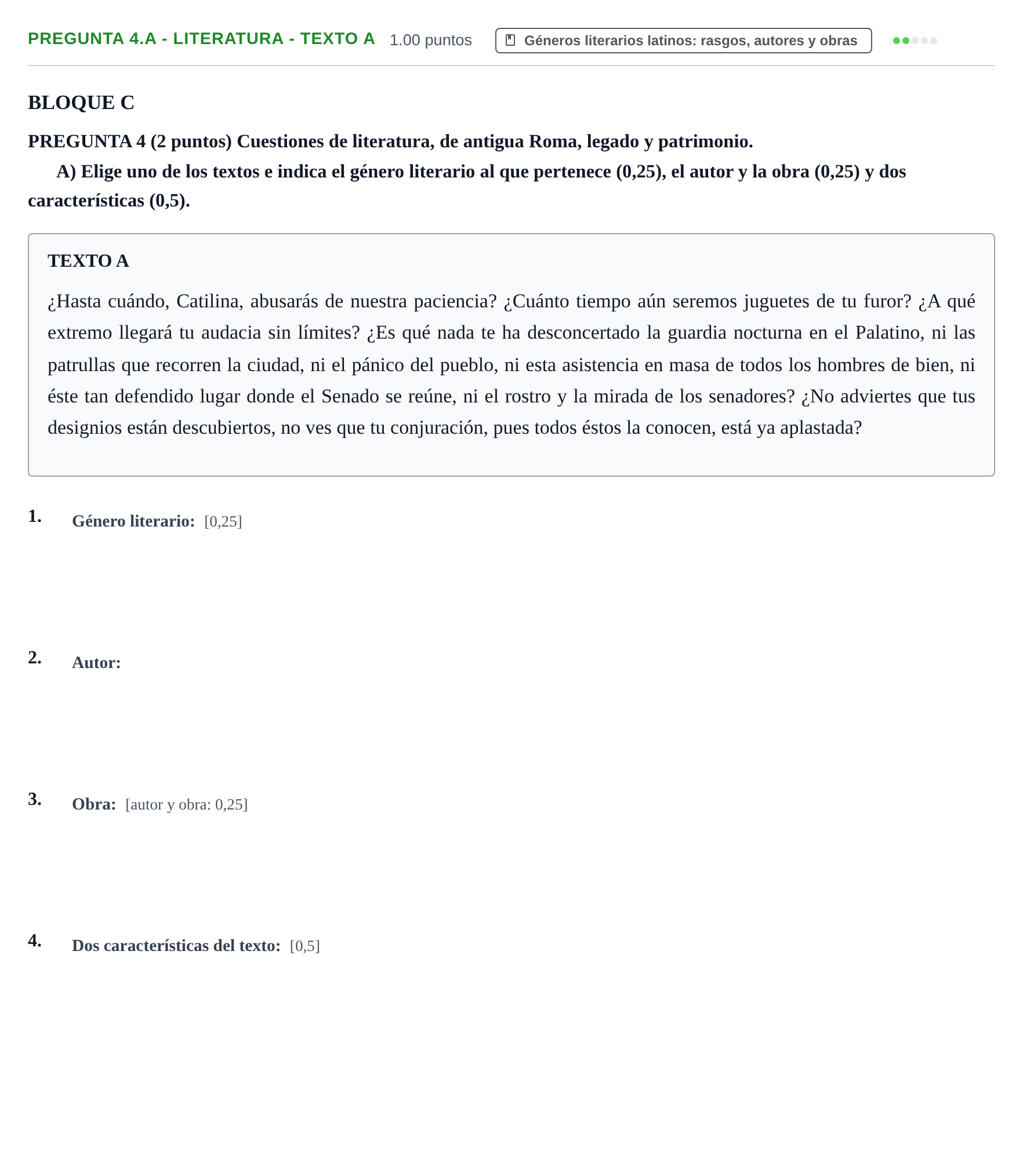 Enunciado: Pregunta 4.A - Literatura - Texto A · Latín II PAU Castilla-La Mancha Extraordinaria 2026