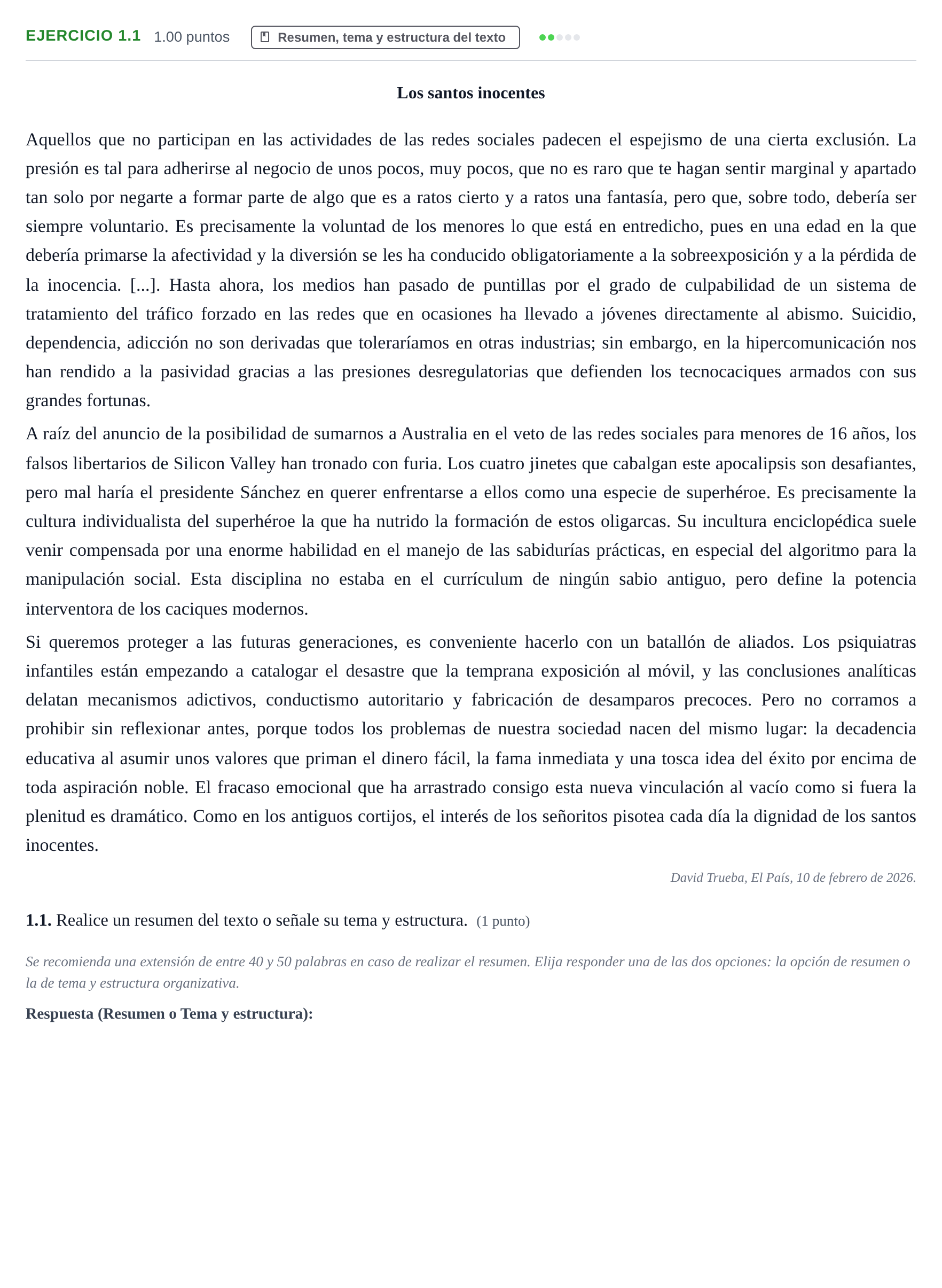 Enunciado: Ejercicio 1.1 · Lengua Castellana y Literatura II PAU Castilla-La Mancha Ordinaria 2026