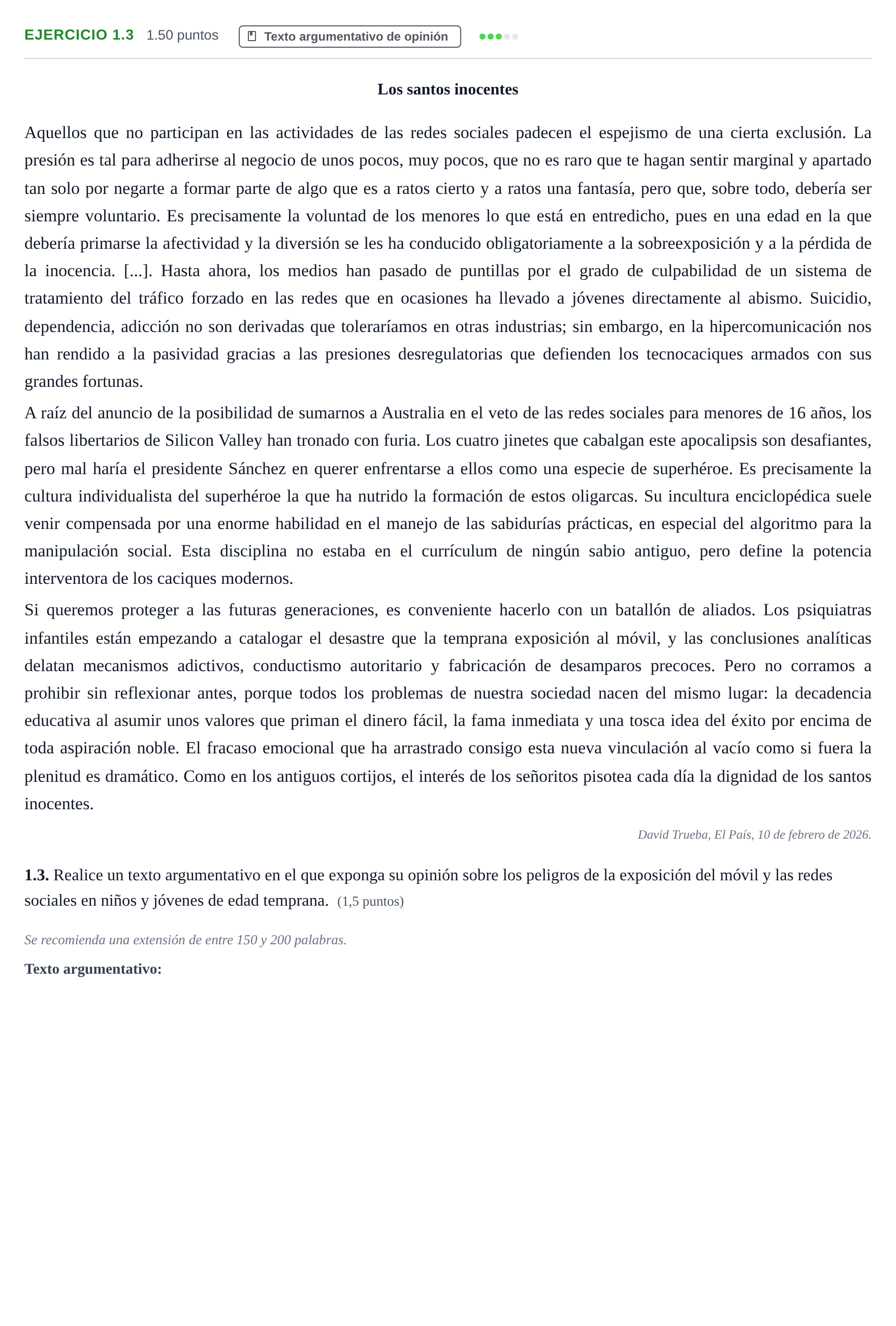 Enunciado: Ejercicio 1.3 · Lengua Castellana y Literatura II PAU Castilla-La Mancha Ordinaria 2026