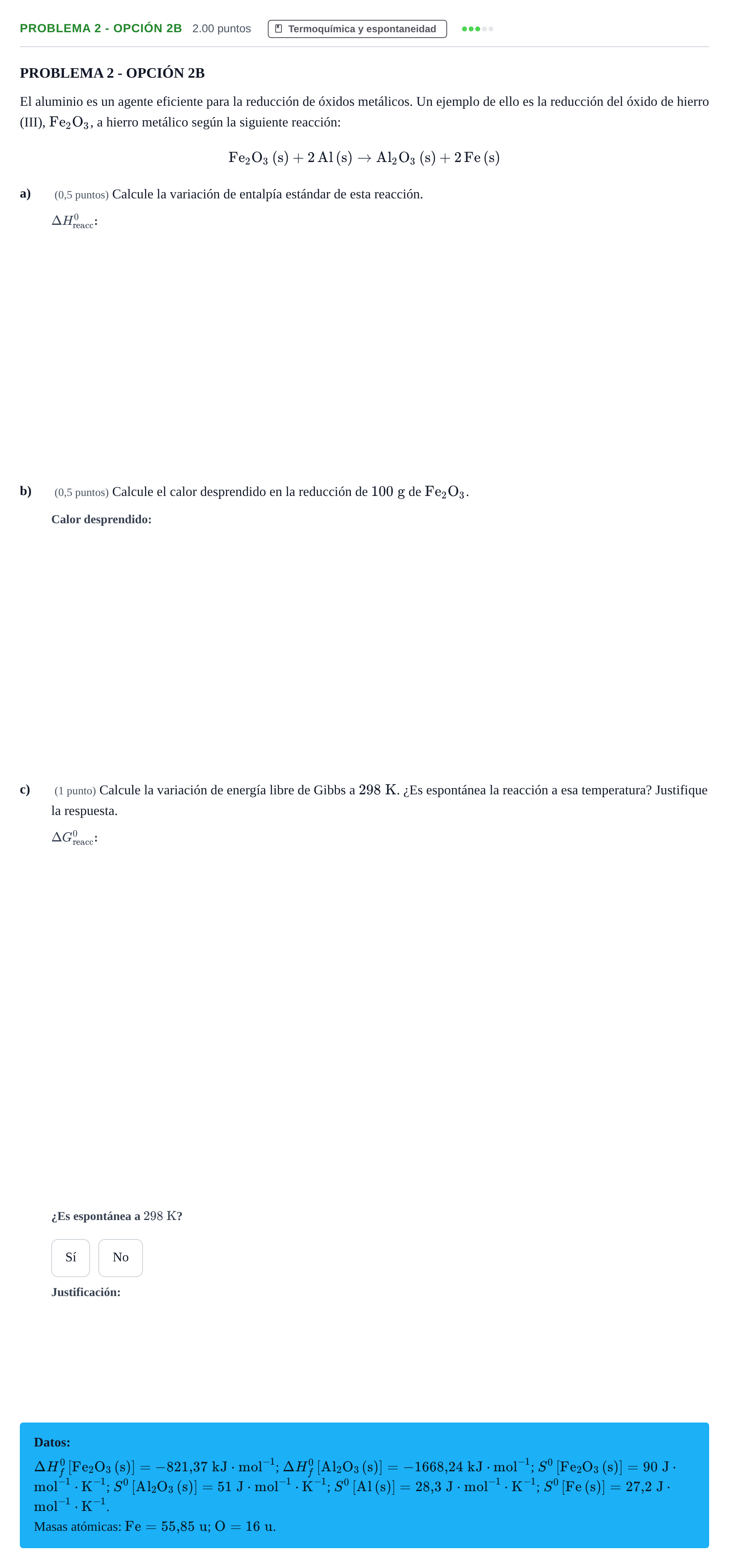 Enunciado: Problema 2 - Opción 2B · Química PAU Castilla-La Mancha Extraordinaria 2026